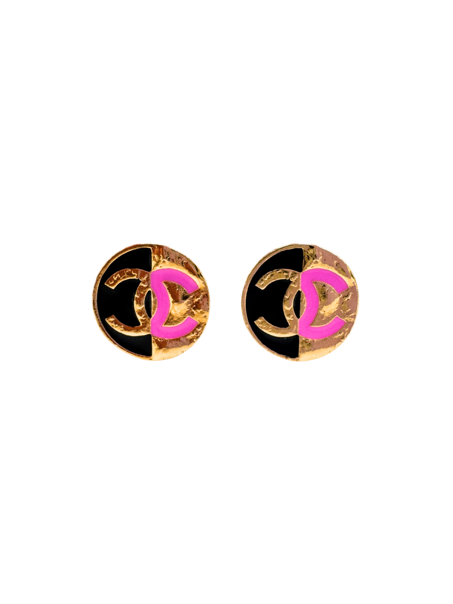 CC Round Stud Earrings in Pink/Black/Gold Metal & Resin