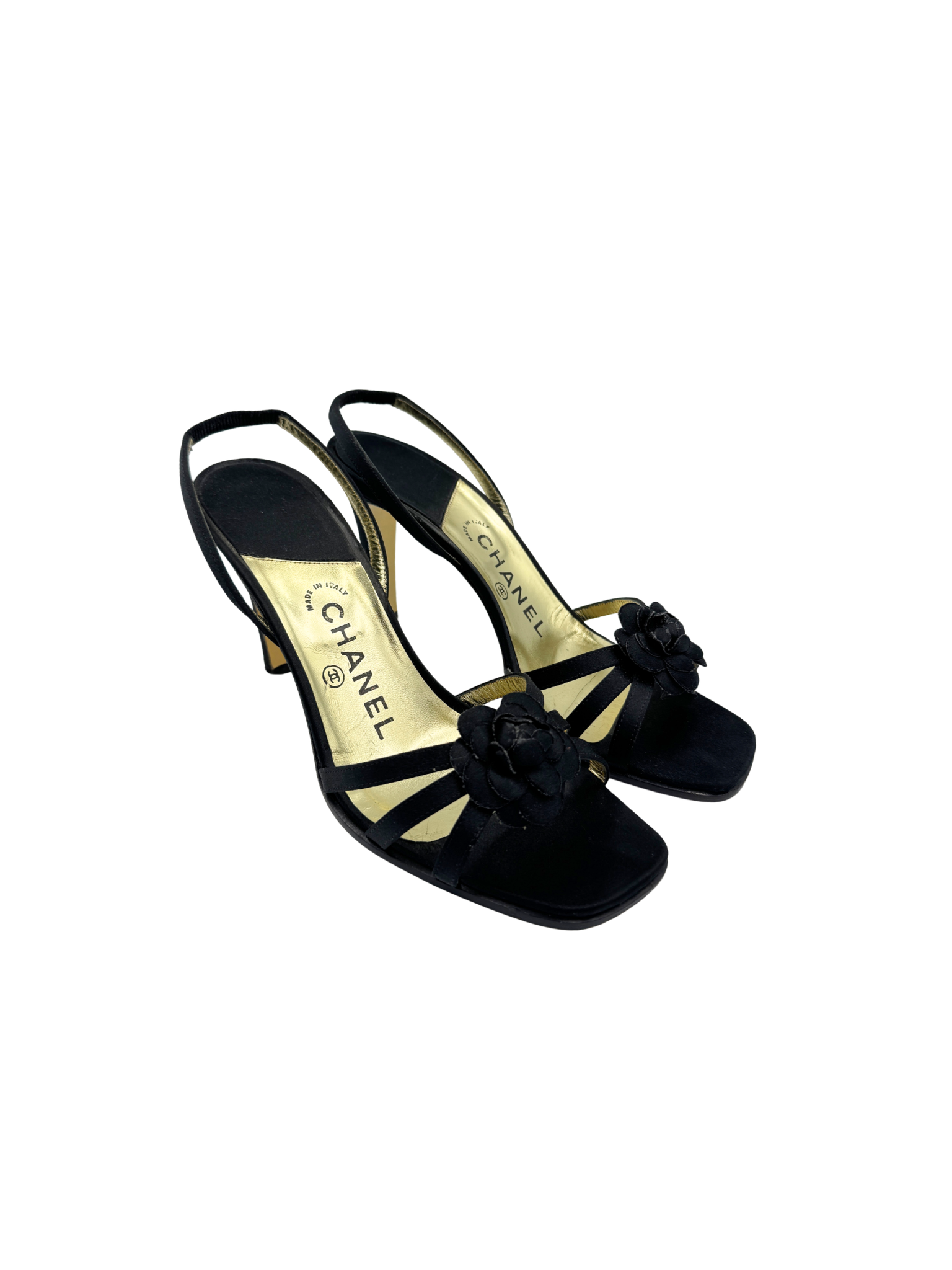 Size 38.5 Vintage Karl Lagerfeld Era Camellia Strappy Square Toe Sandals in Black Fabric