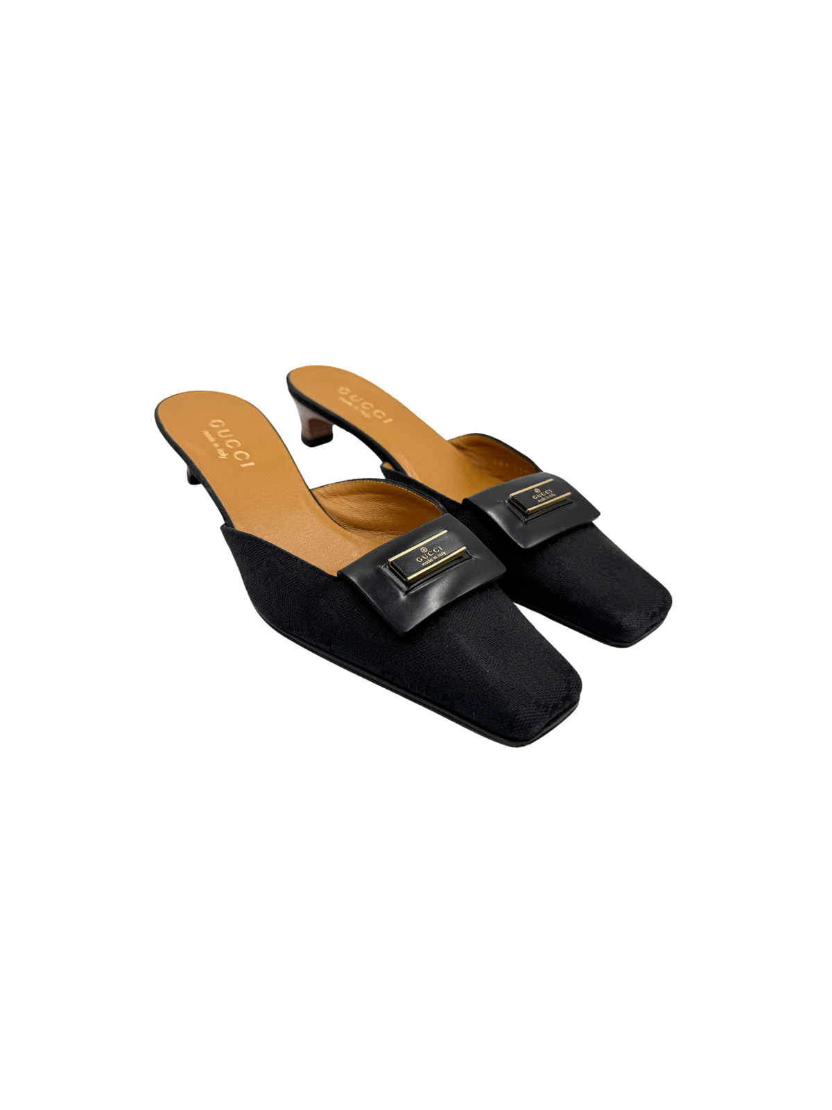 Size 36 Vintage Logo Plate Square Toe Slip-On Mules in Black Monogram GG Supreme Canvas