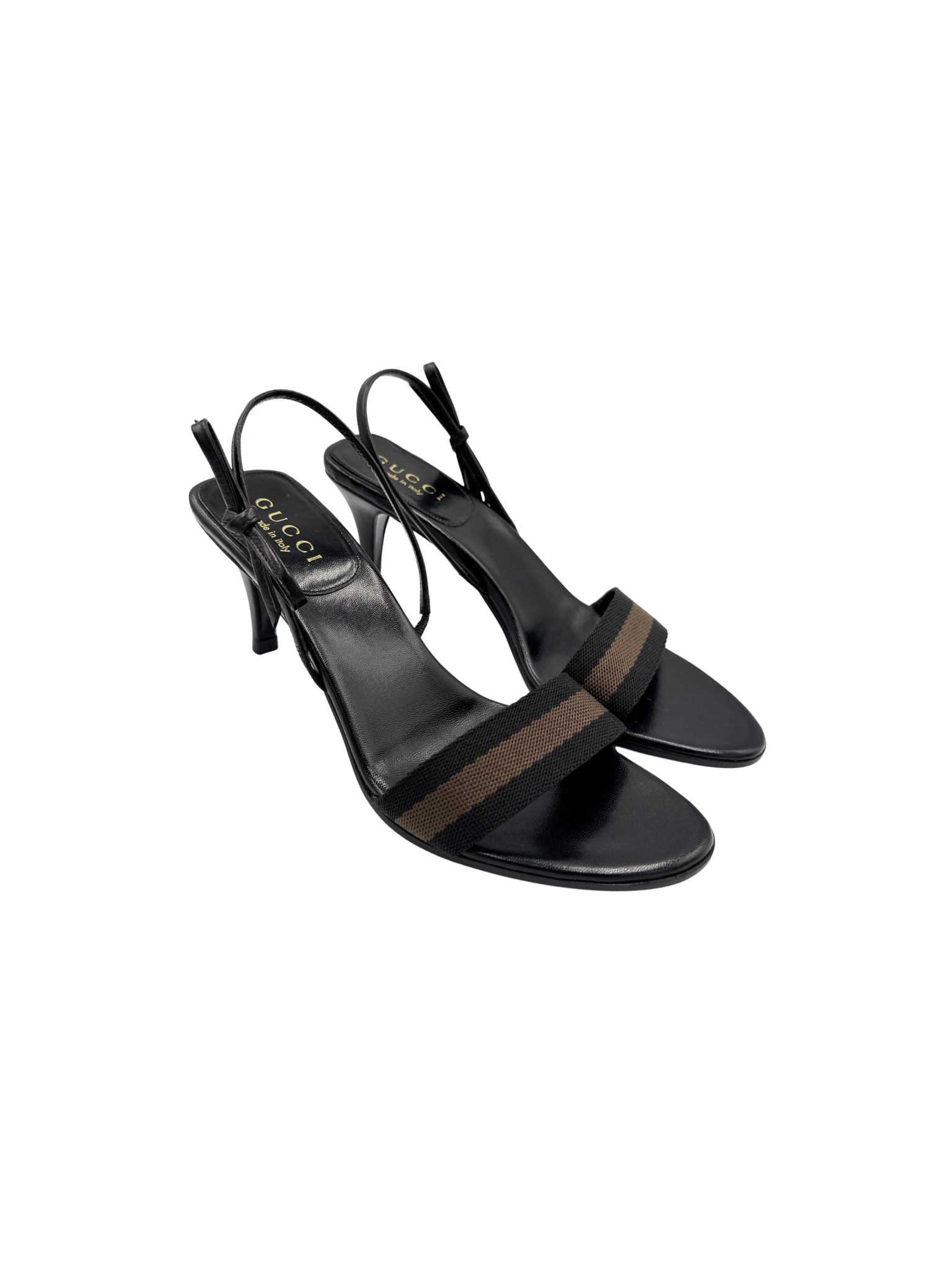 Size 7 Vintage Strappy Slingback Sandals with Bow in Black Leather with Canvas Strap