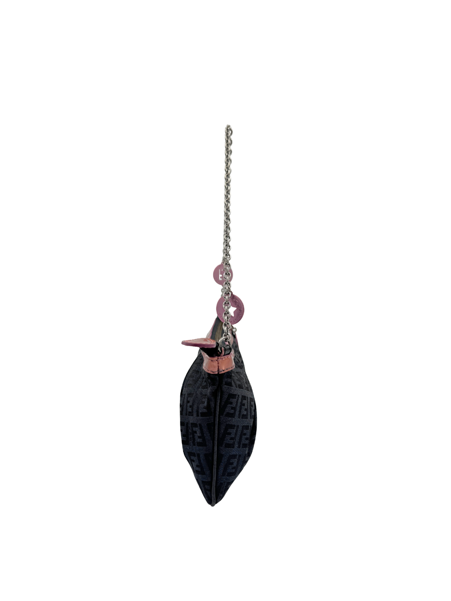 Vintage Zucchino FF Pochette Shoulder Bag with Fendi Strap Charms in Black Monogram Logo Jacquard Fabric with Pink Trim