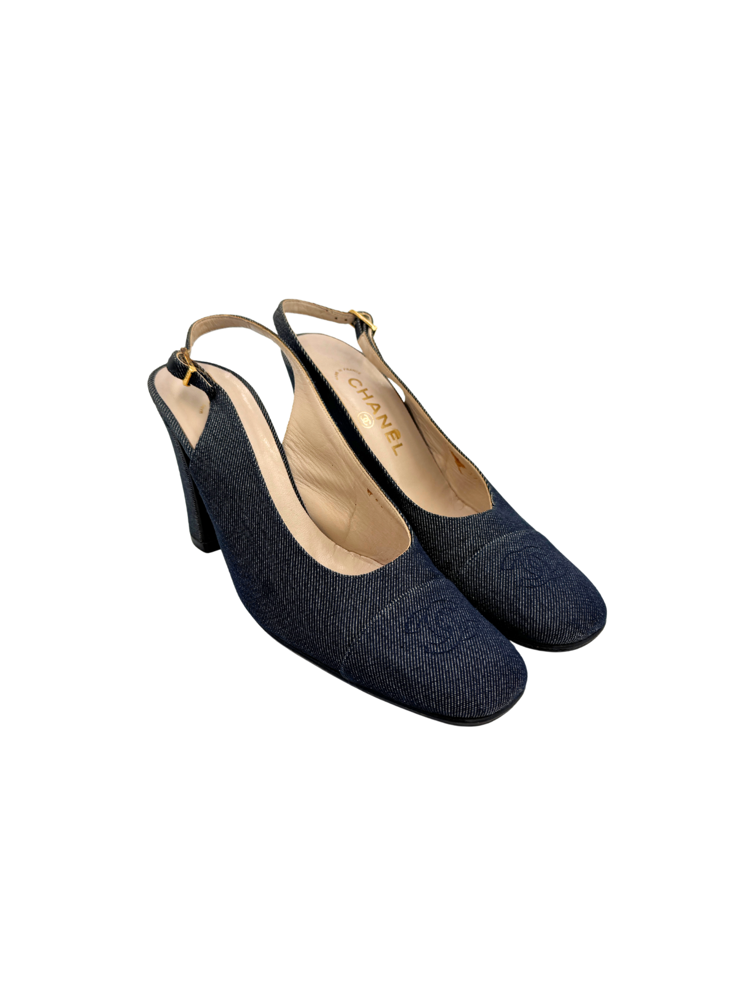 Size 37.5 Vintage Karl Lagerfeld Era CC Logo Slingback Heels in Navy Denim
