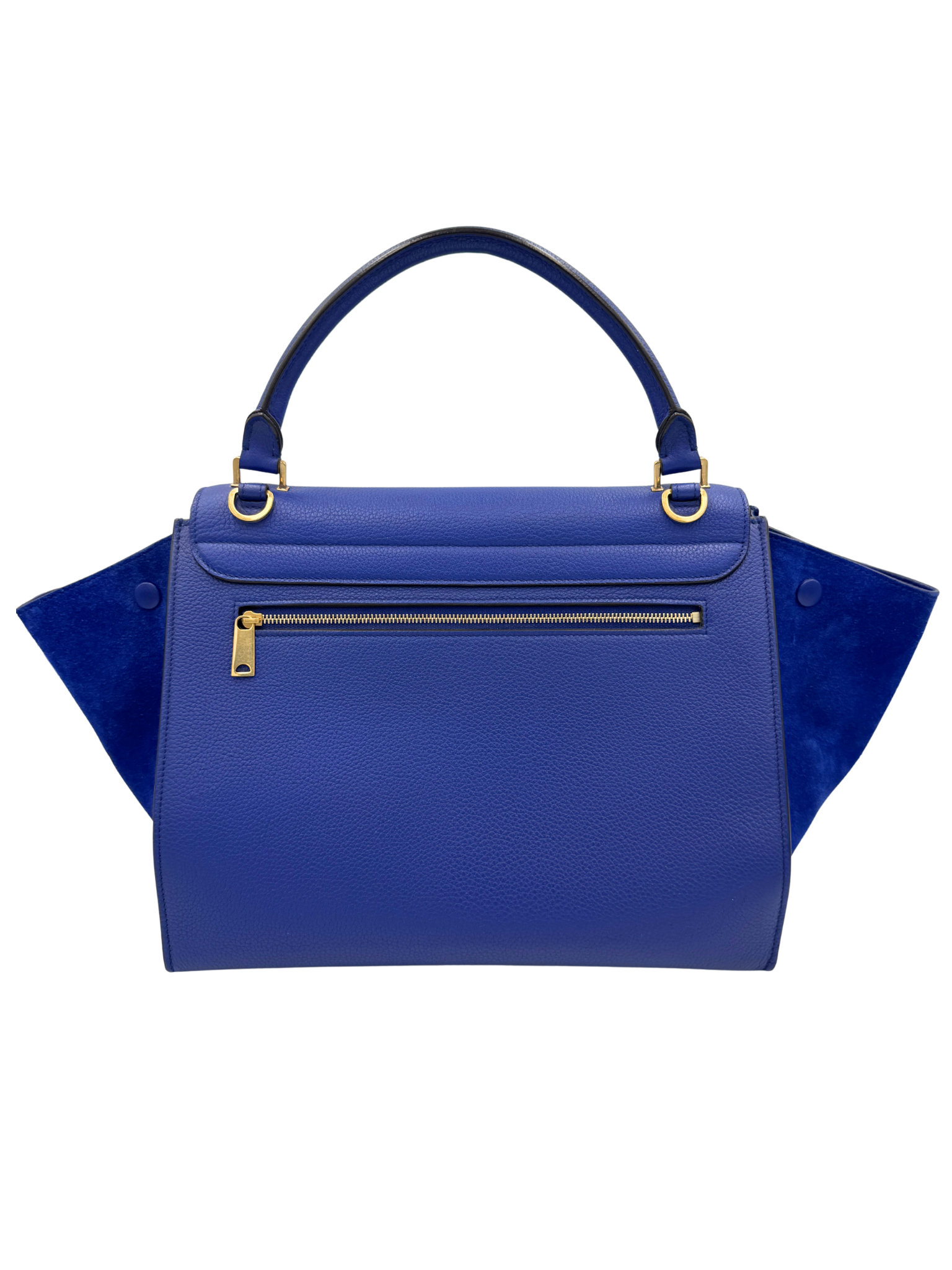 Medium Trapeze Shoulder Bag with Top Handle in Blue Calfskin Leather & Suede