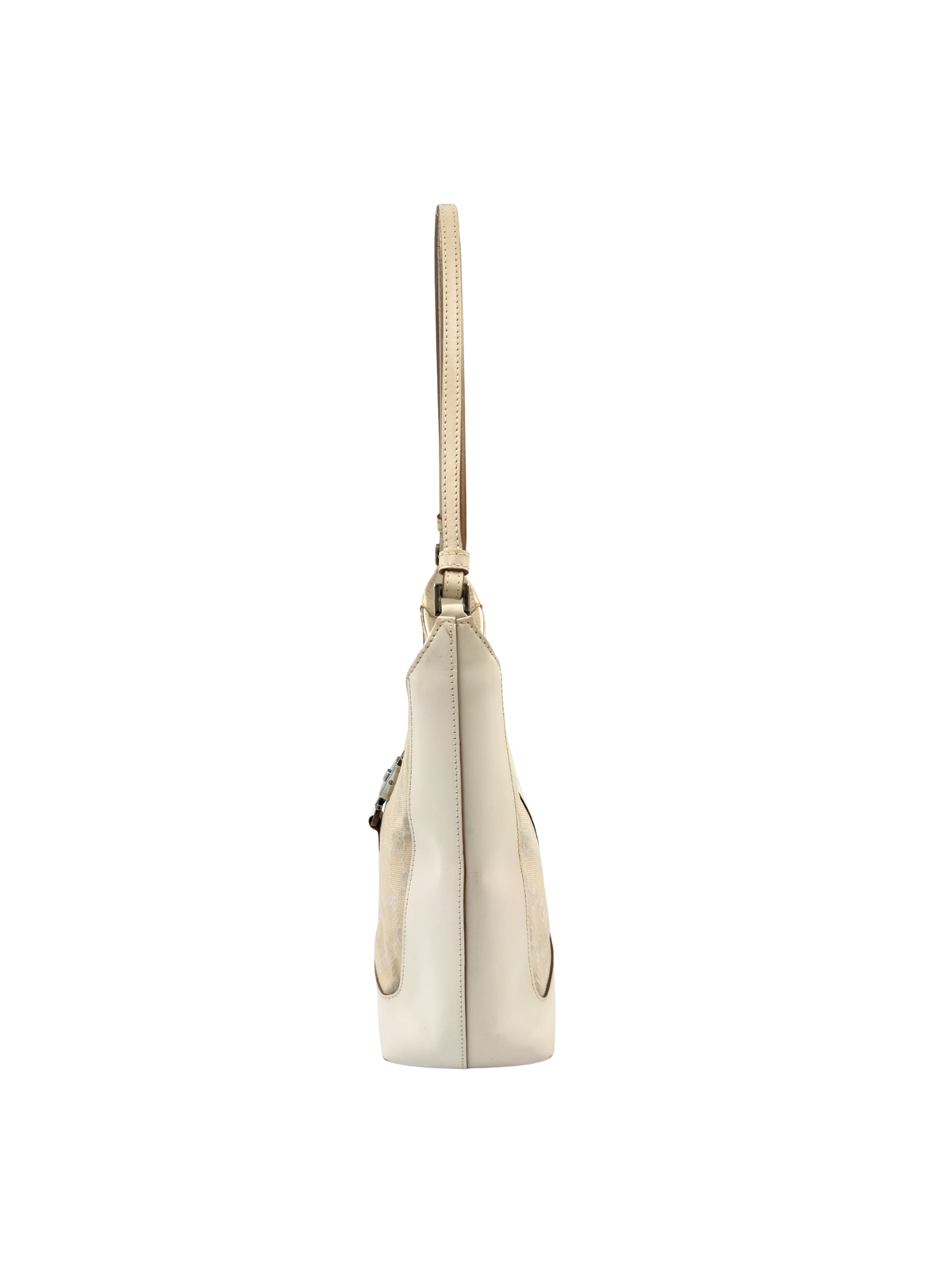 Vintage Jackie Structured Hobo Shoulder Bag in Ivory Monogram GG Supreme Canvas with White Leather Trim