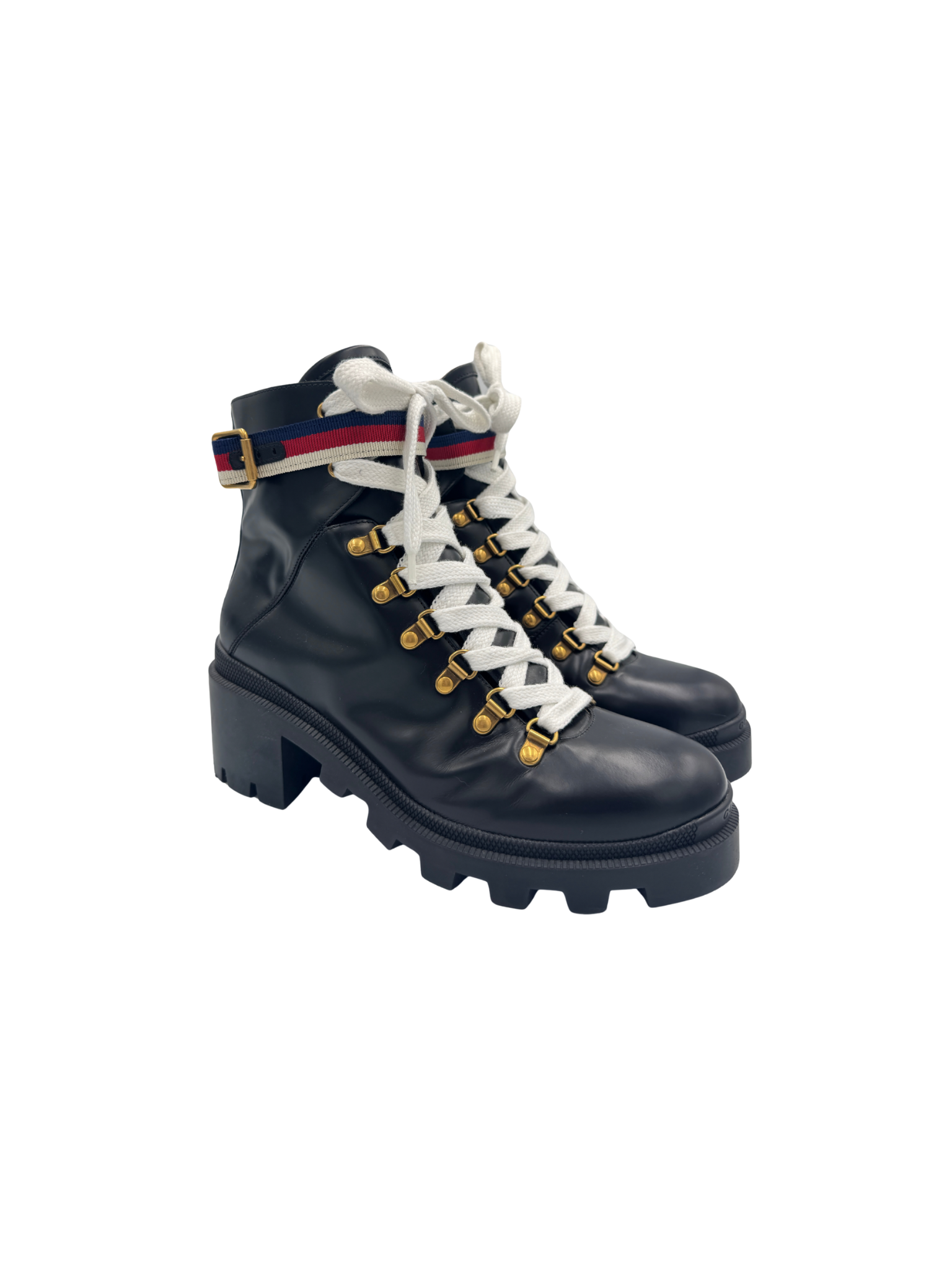 Size 40 Sylvie Web Lace-Up Combat Boots in Black Smooth Leather