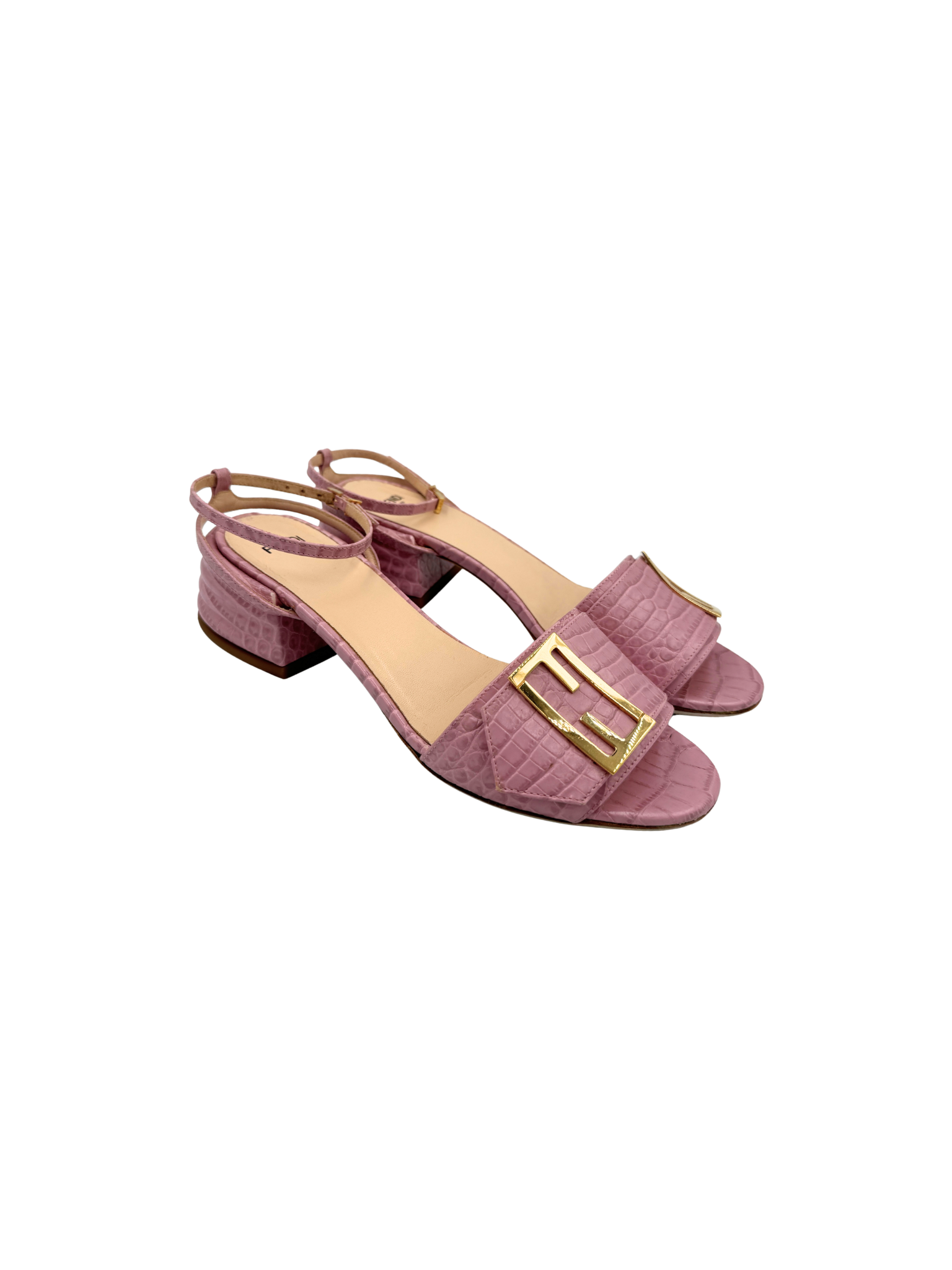 Size 37.5 FF Logo Mule Sandals with Ankle Strap in Pink Crocodile-Embossed Leather