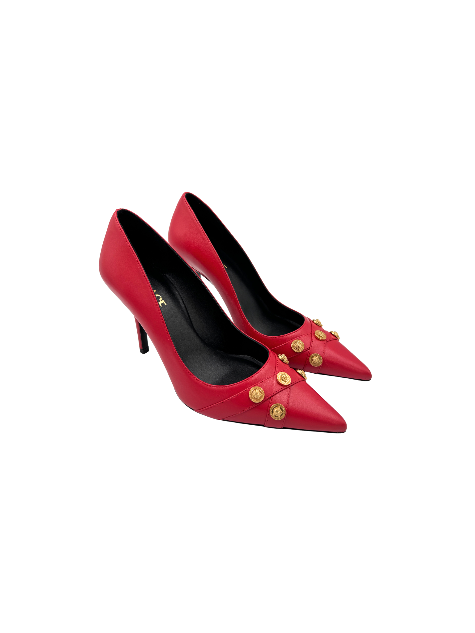 Size 37 La Medusa Medallion Pointed Toe Pumps in Red Leather