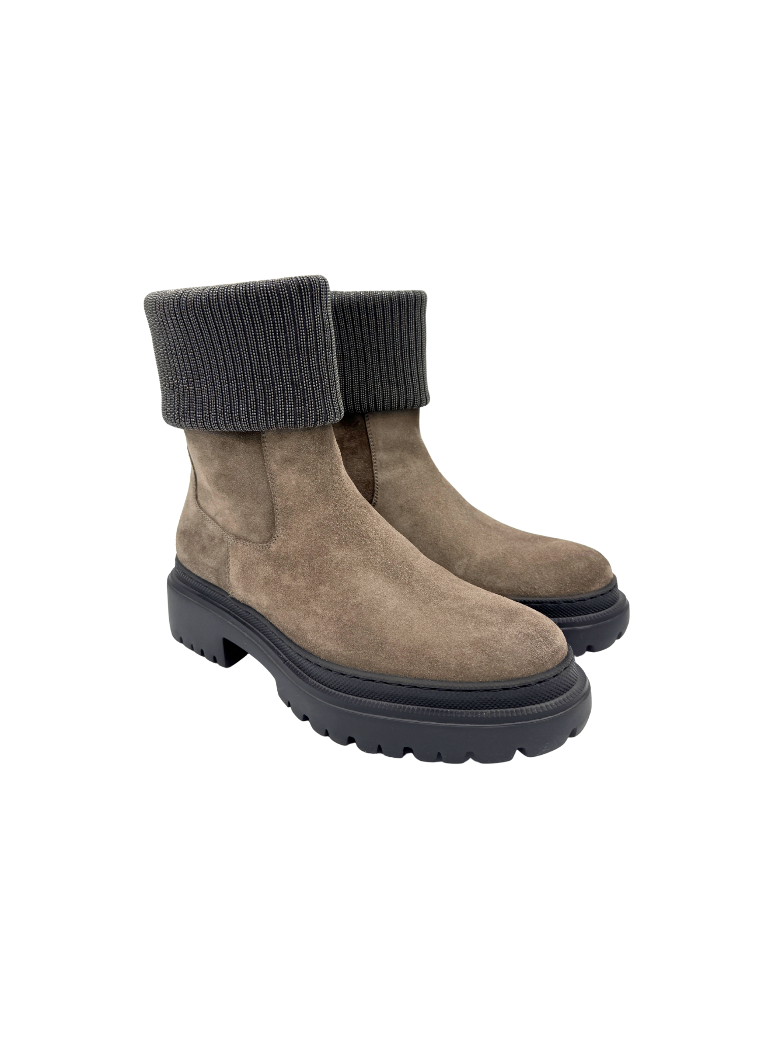 Size 40 Ankle Boots with Monili Trim Ribbed Cuff in Grey Suede