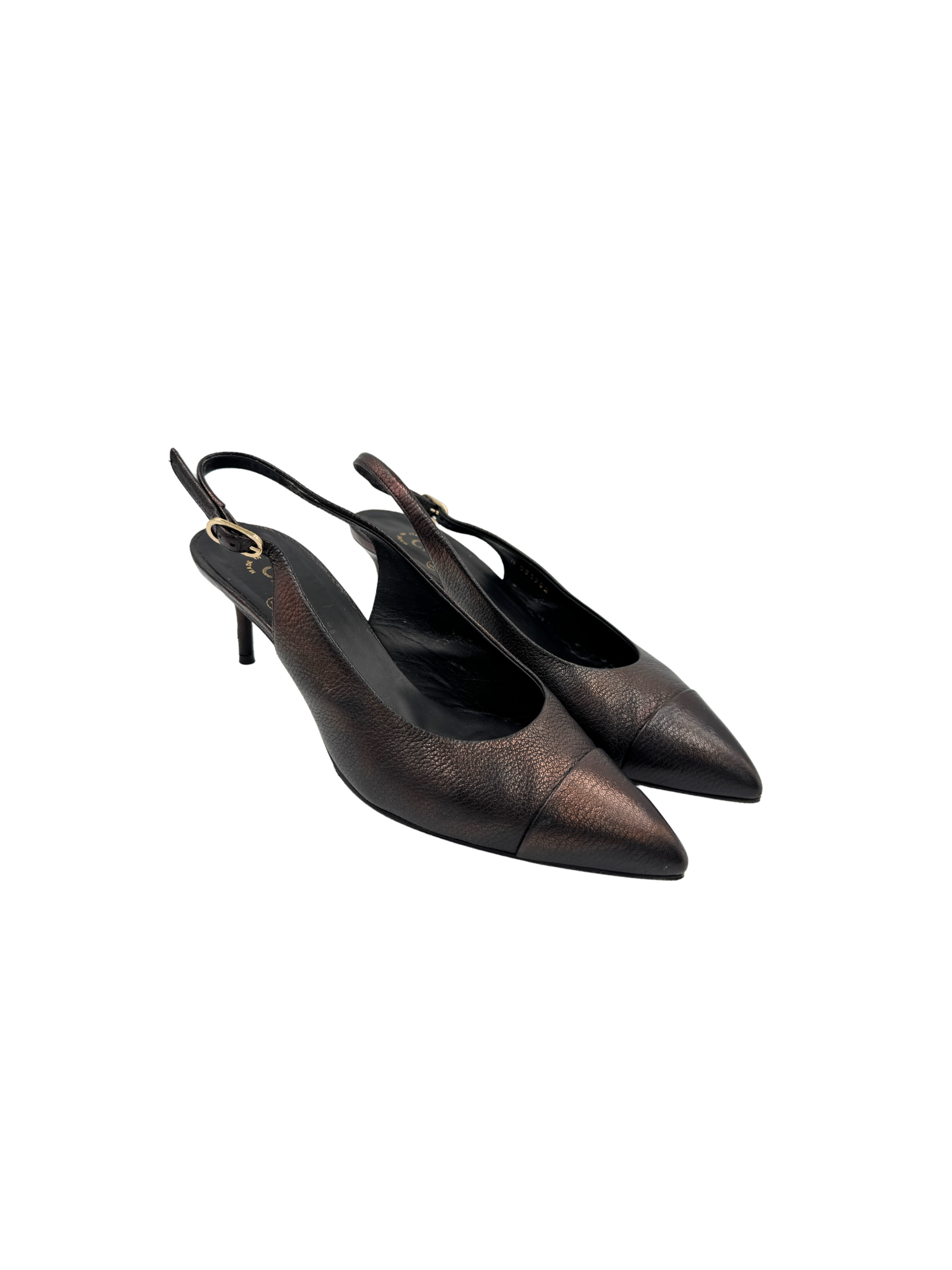 Size 39.5 Classic CC Cap-Toe Pointed Toe Slingback Pumps in Metallic Brown Leather