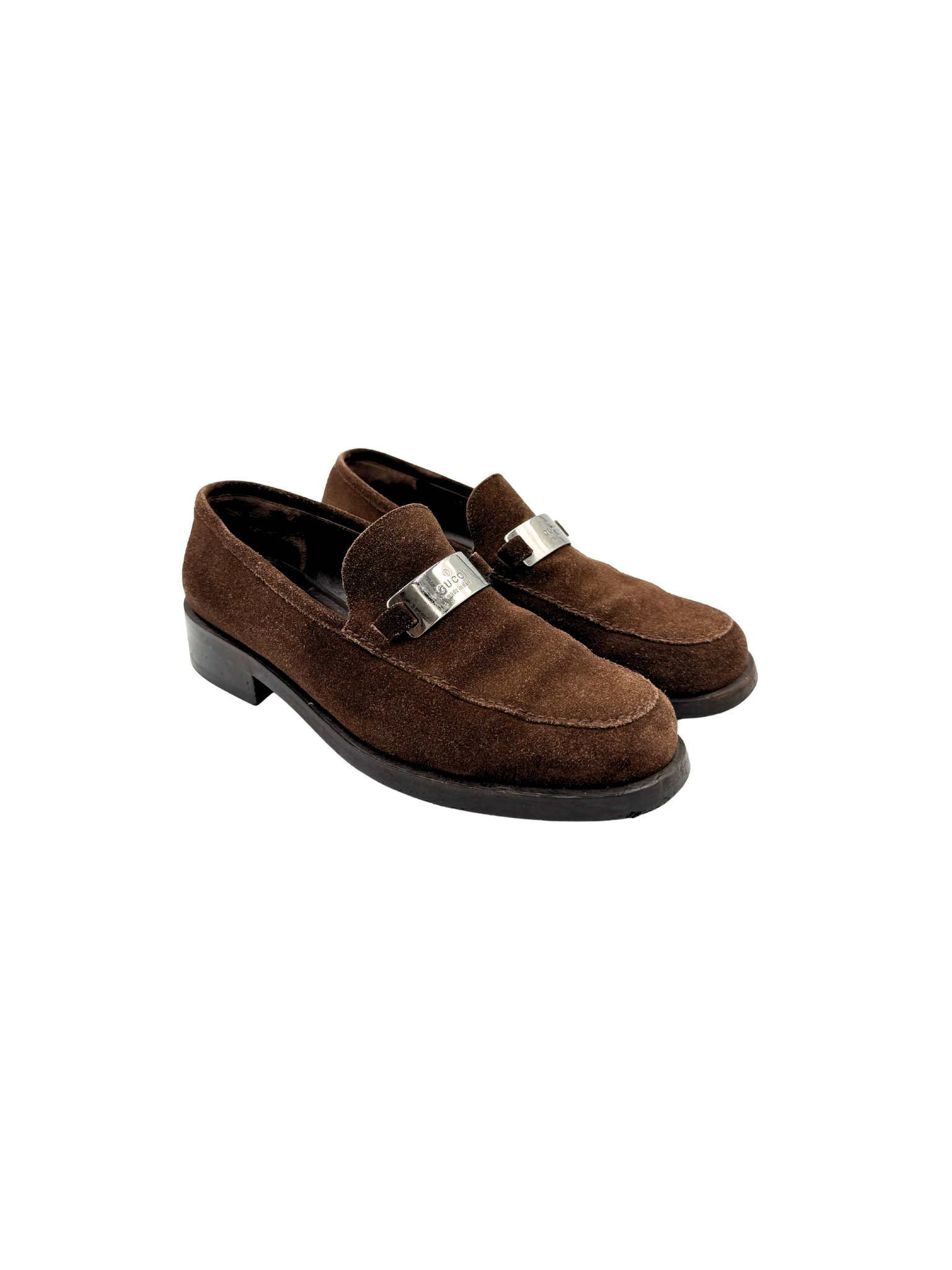 Size 38 Gucci Plate Flat Loafers in Chocolate Brown Suede