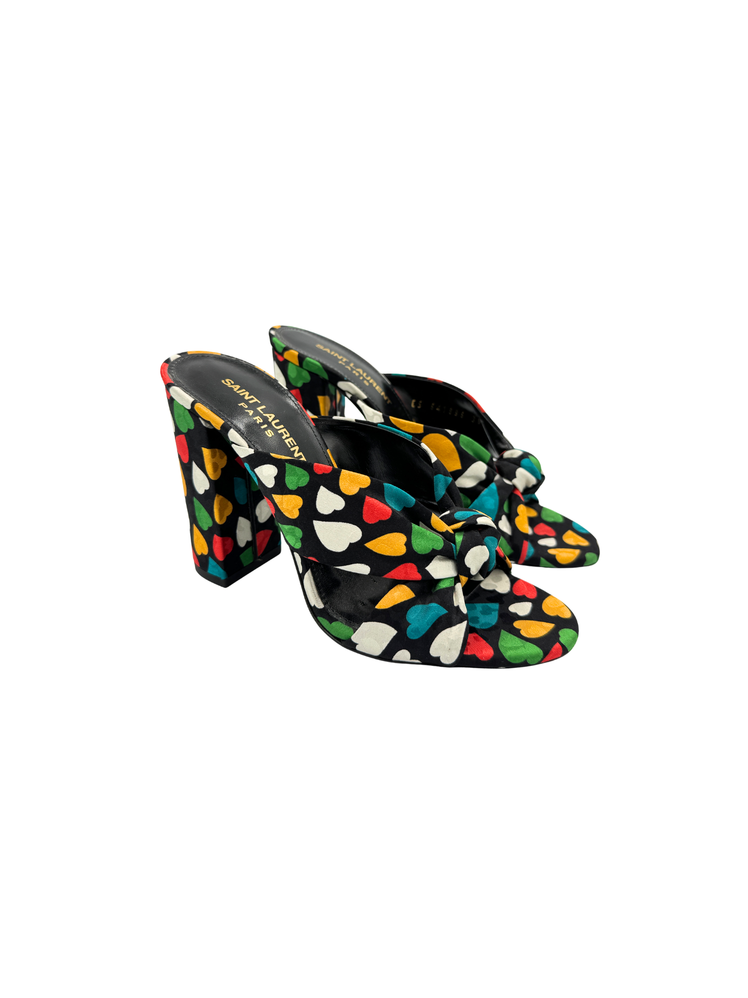 Size 36 Sweetheart Bianca Knot Mule Sandals in Black Multicolor Satin