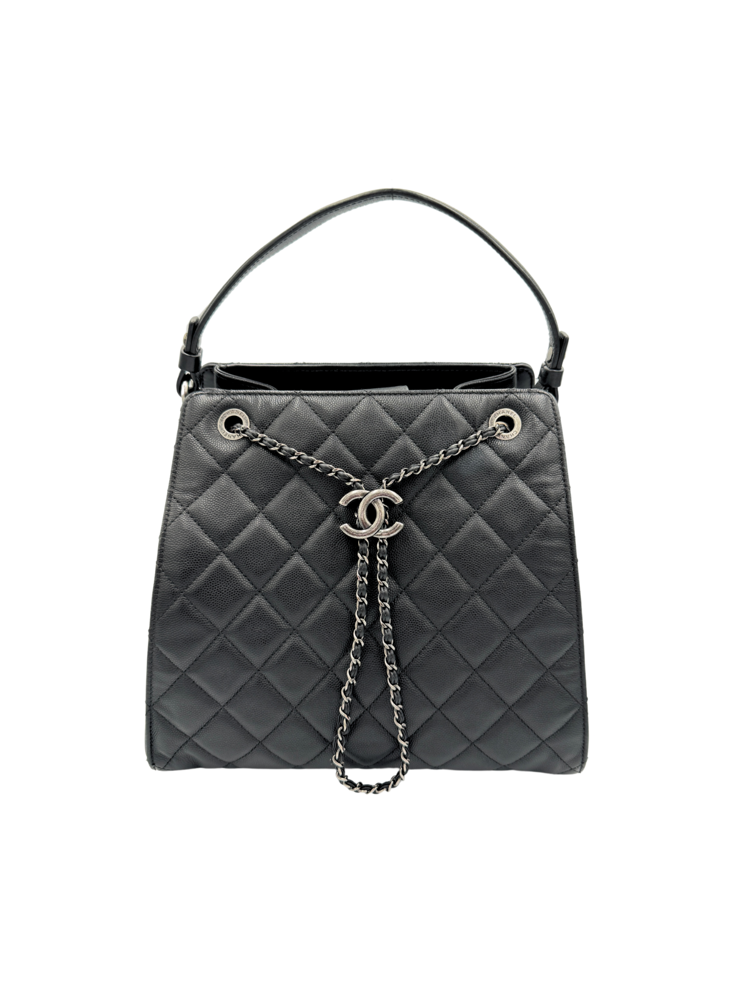 Medium Accordion Top Handle CC Bucket Bag in Black Caviar Leather