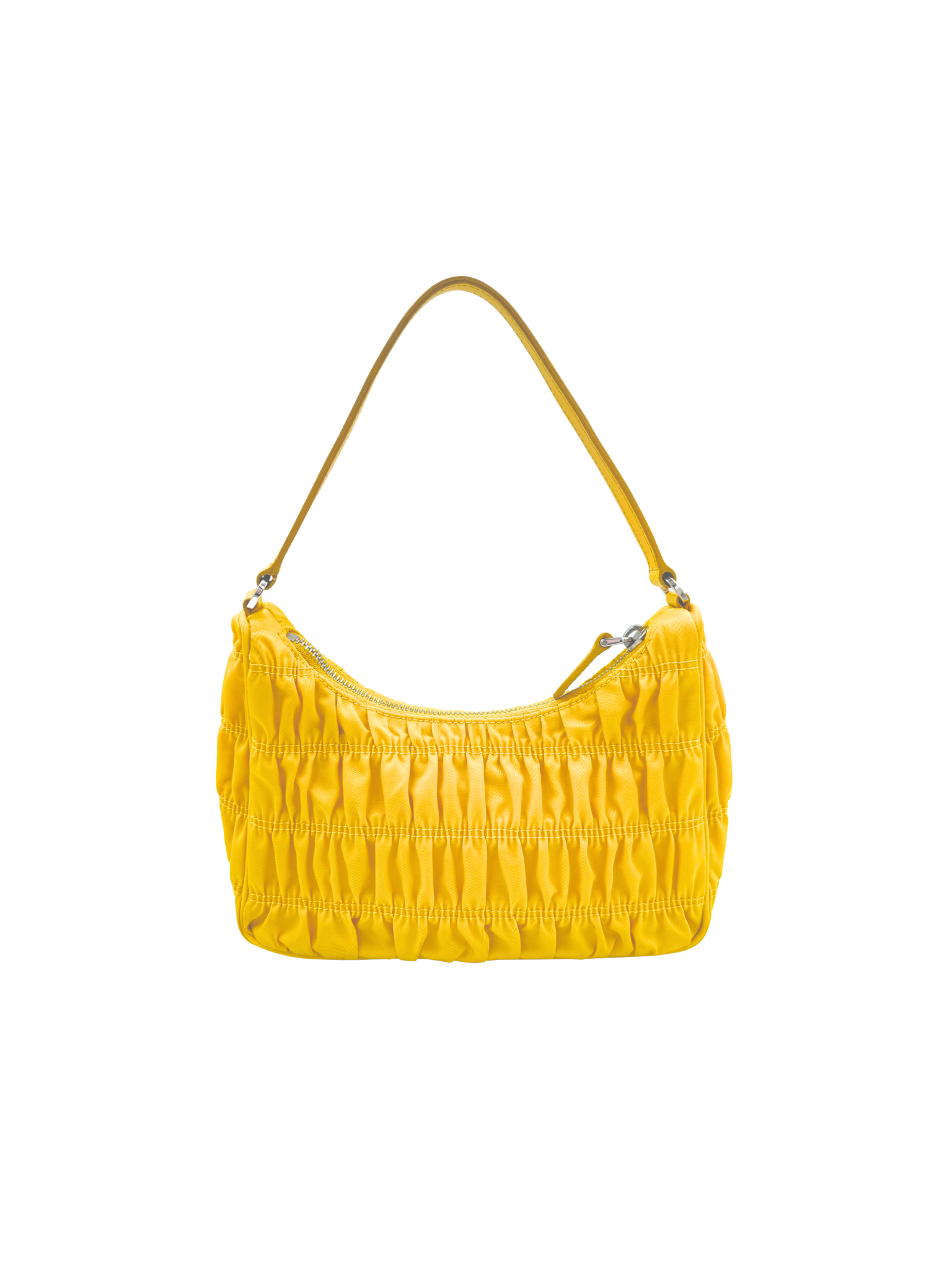 Ruched Shoulder Bag with Triangle Logo Plate in Yellow Nylon