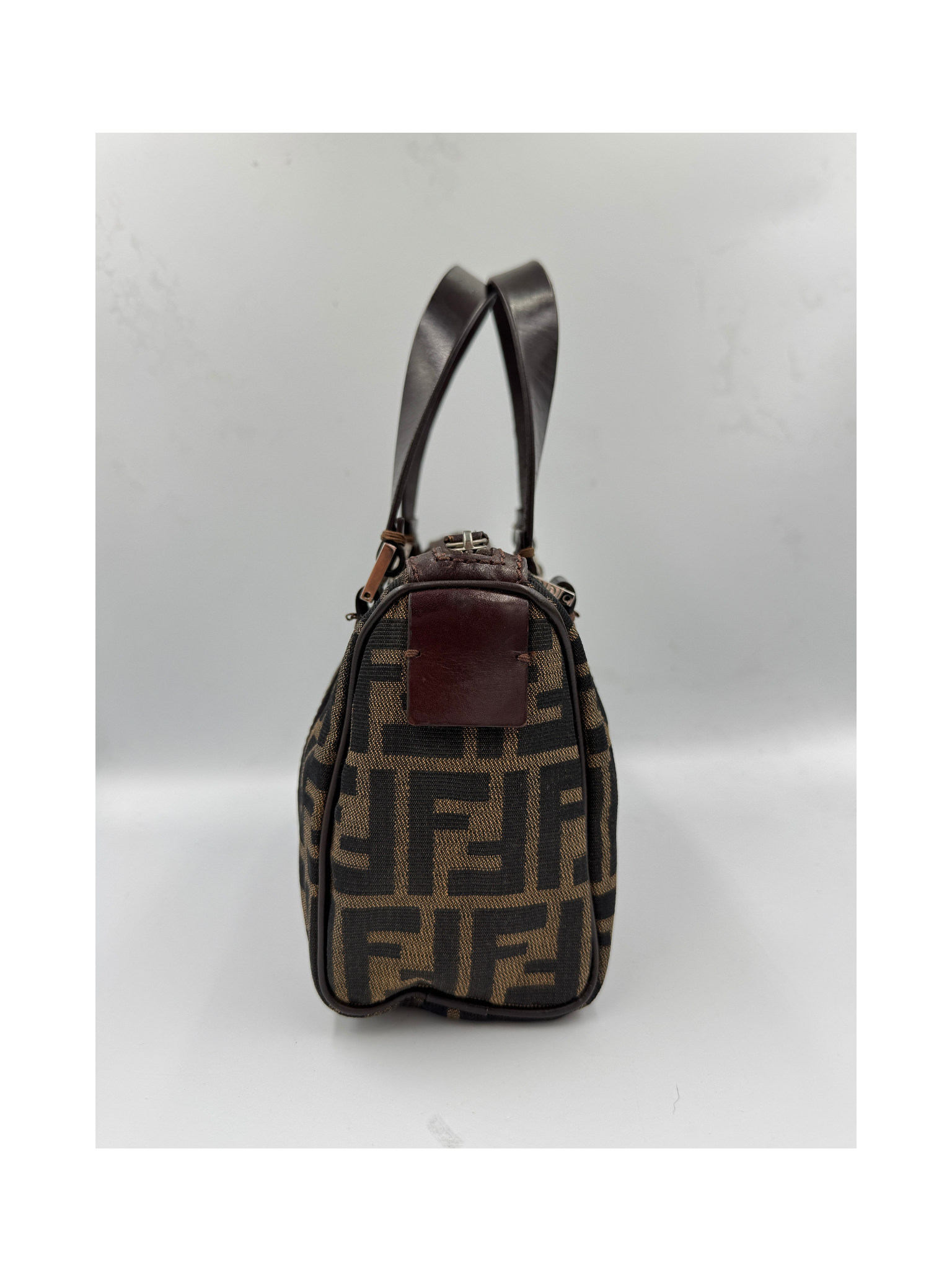 Vintage FF Zucca Boston Bag with Top Handle in Brown and Tan Monogram Canvas with Brown Leather Trim