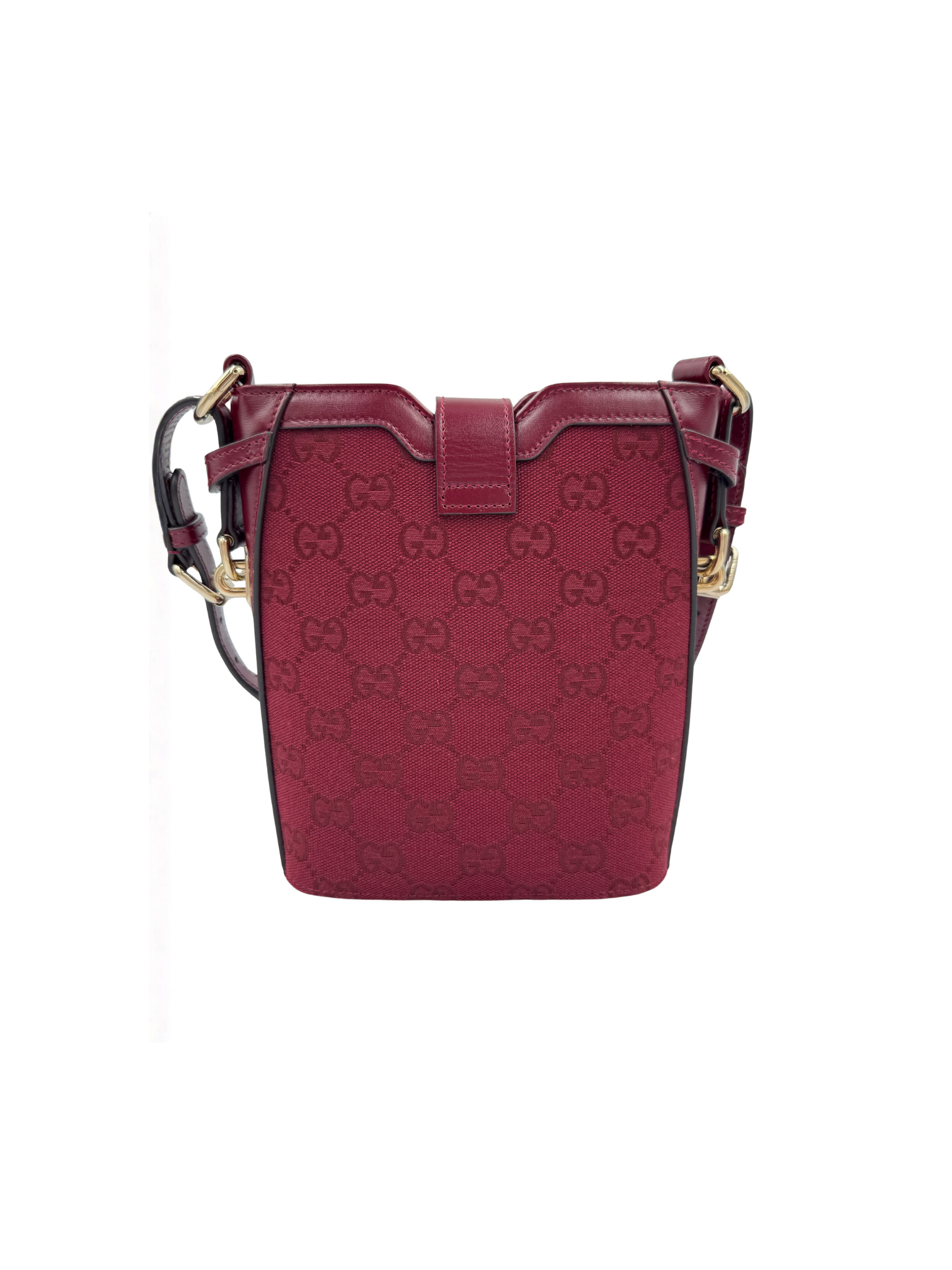 Logo Bucket Shoulder Bag with Gucci Web Strap in Burgundy Rosso Ancora Monogam GG Supreme Canvas