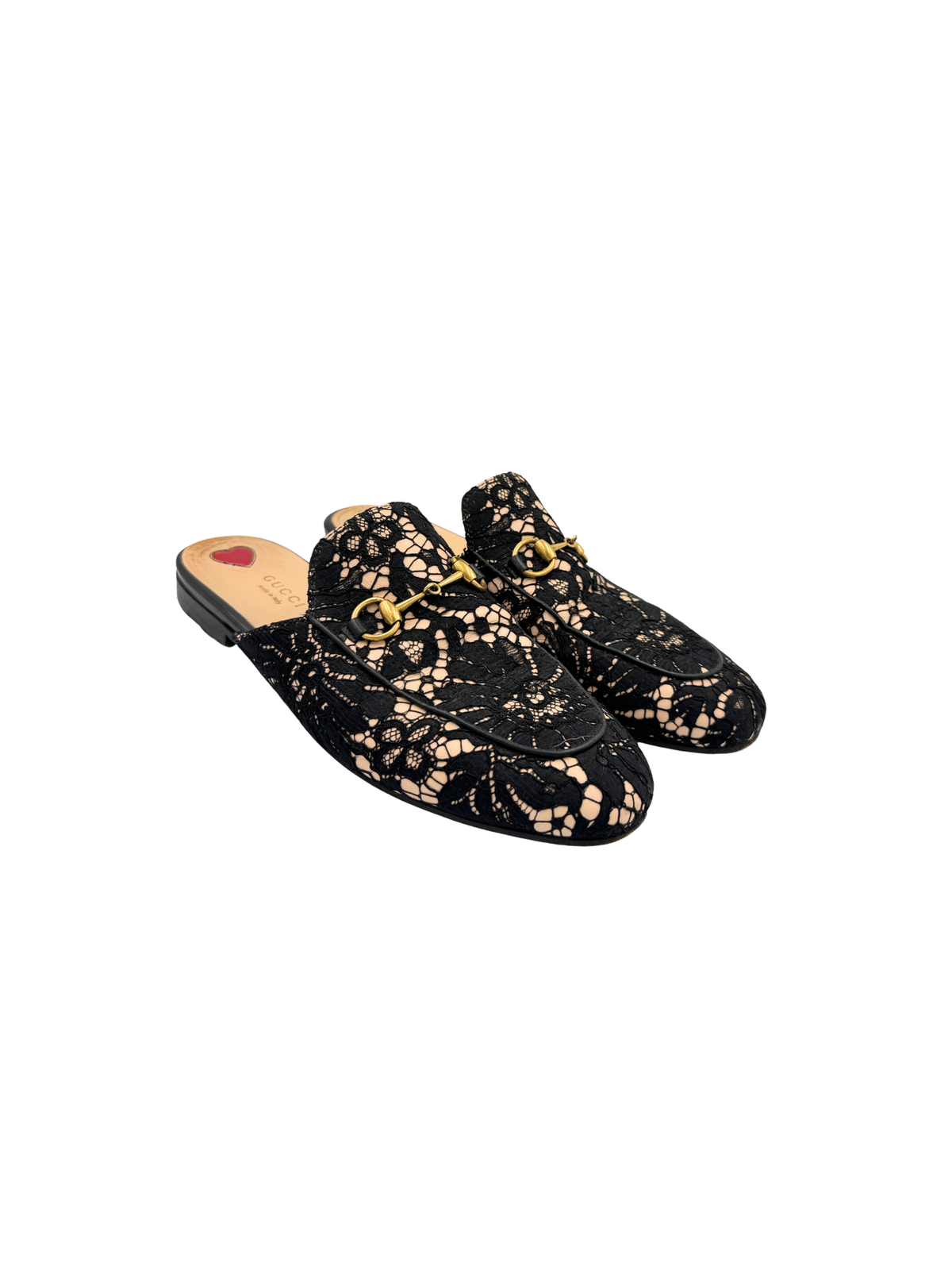 Size 38 Horsebit Princetown Flat Slide Mule Loafers in Black and Ivory Lace