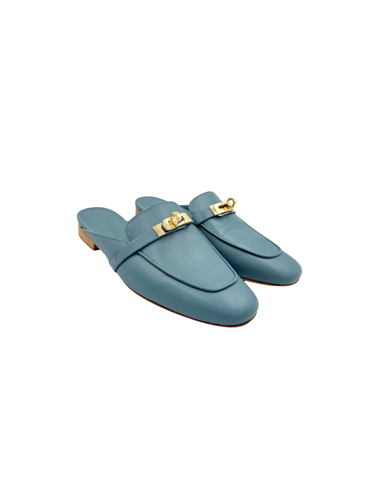 Size 37 Oz Mules with Kelly Buckle in Blue Calfskin Leather