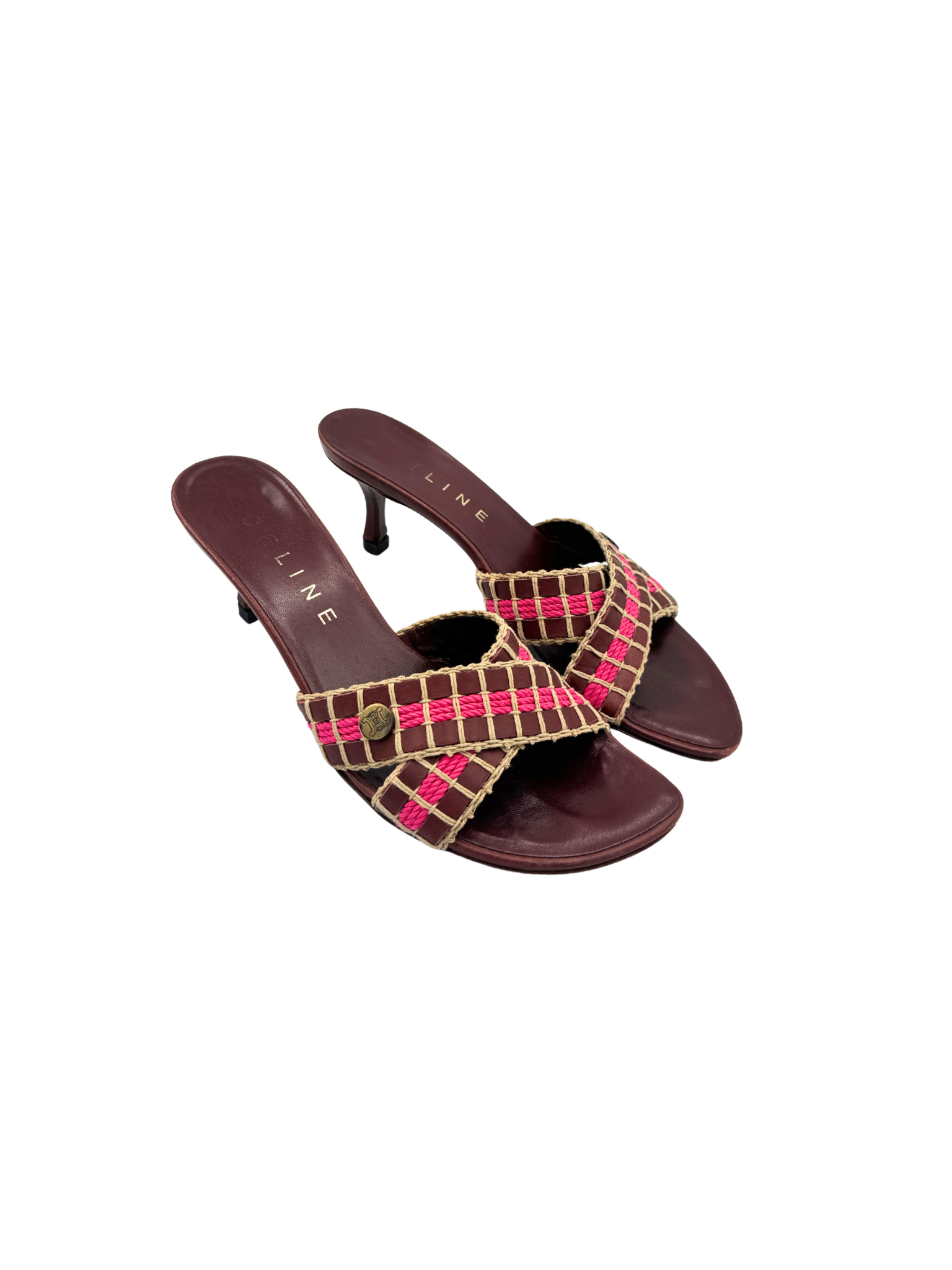 Size 37 Vintage Triomphe CC Logo Crochet Strappy Mule Sandals in Burgundy Red Leather with Pink Accents