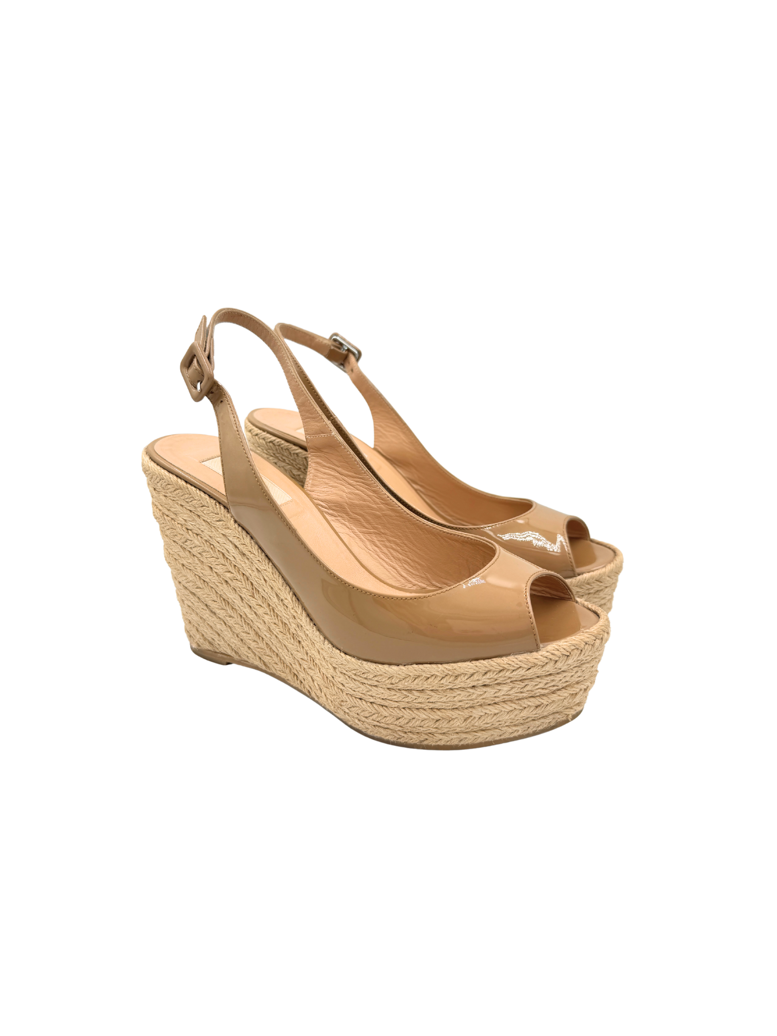 Size 39 Peep Toe Platform Wedge Espadrille Sandals in Nude Patent Leather