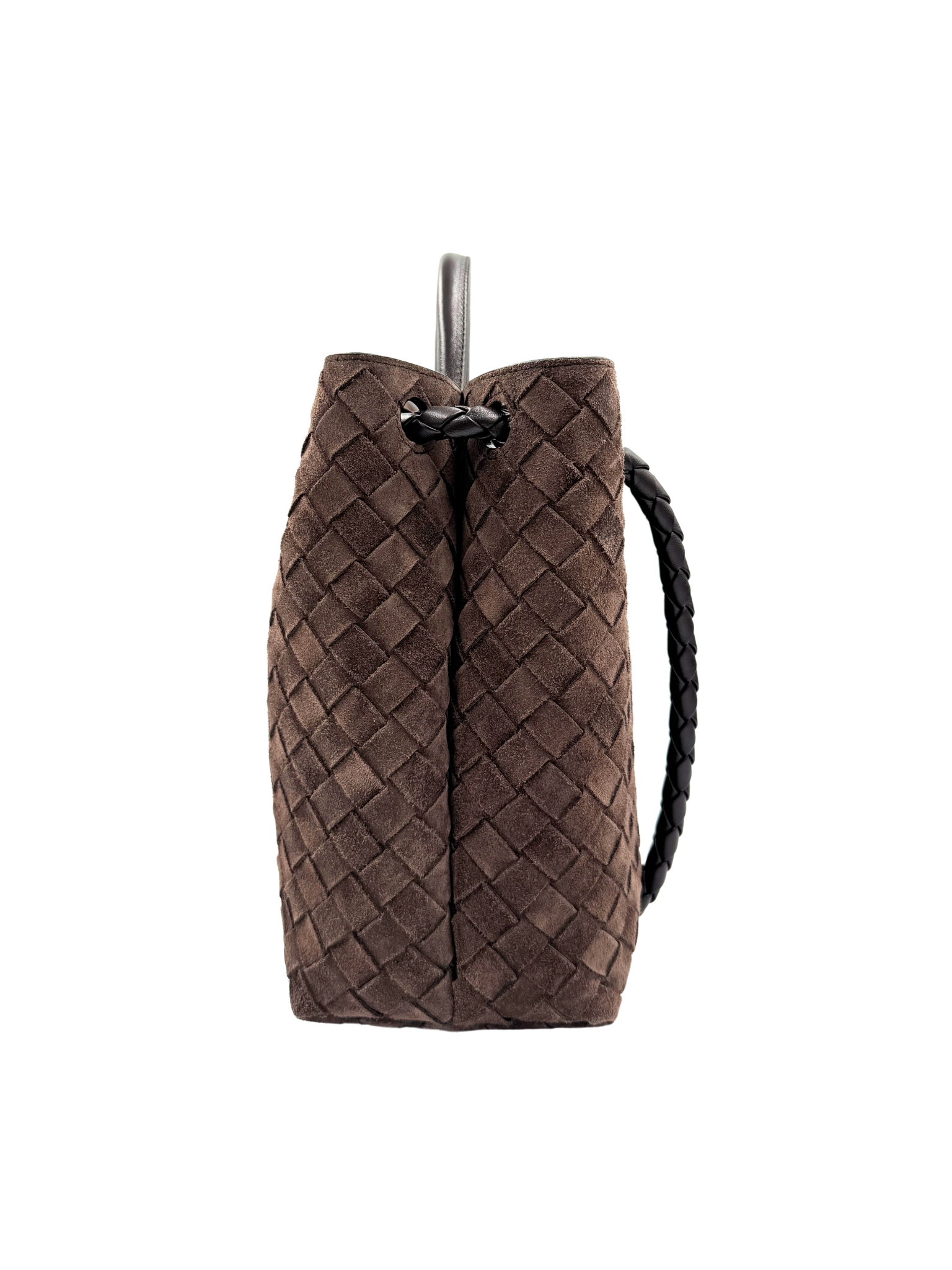 Medium Andiamo Shoulder Bag with Top Handle in Fondant Brown Intrecciato Suede