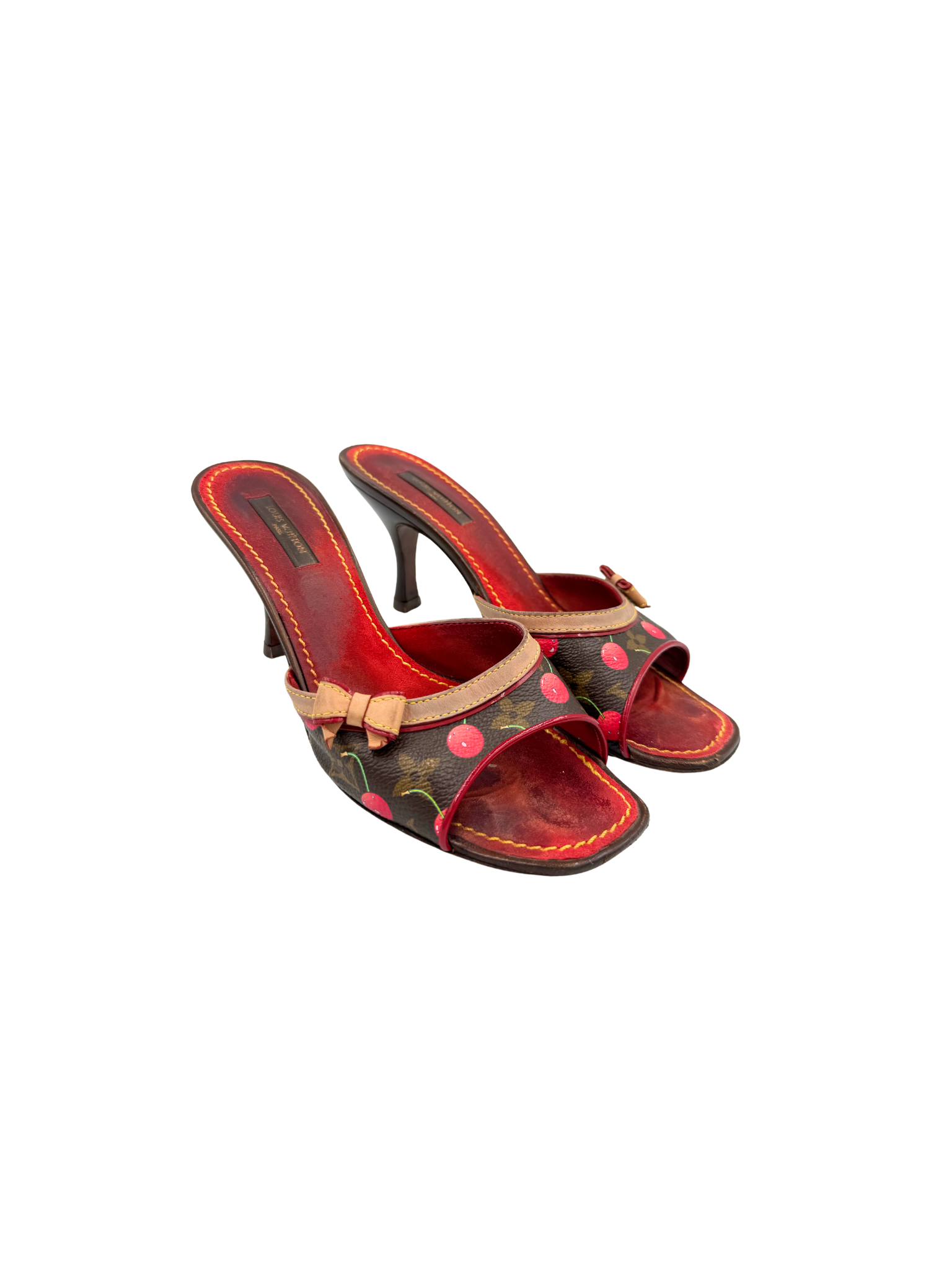 Size 37 Vintage 2005 Limited Edition Takashi Murakami Cerises Cherry Mule Sandals with Bow in Brown and Tan Monogram Coated Canvas