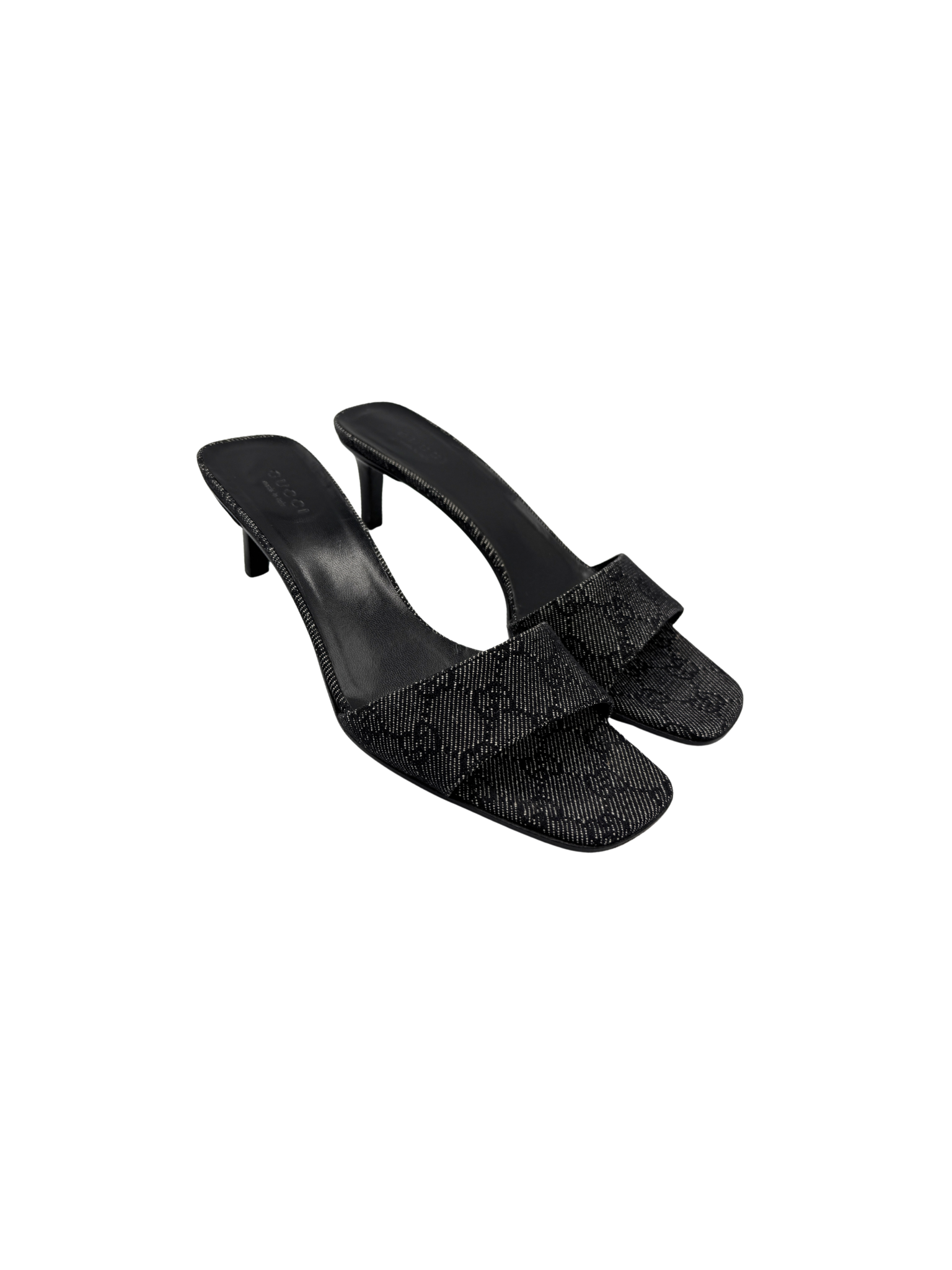 Size 7.5 Vintage Tom Ford Era Logo Slip-on Heeled Mules in Grey and Black Monogram GG Supreme Canvas