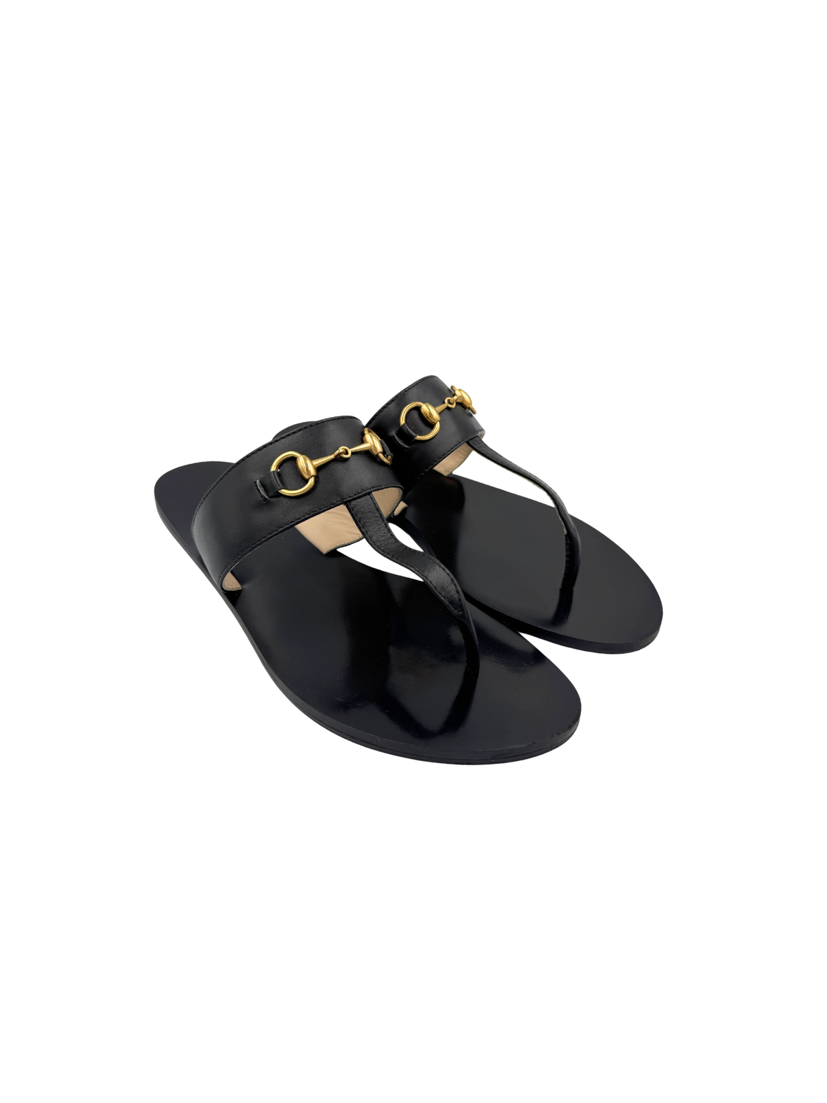 Size 39 Horsebit Flat Slide Thong Sandals in Black Leather