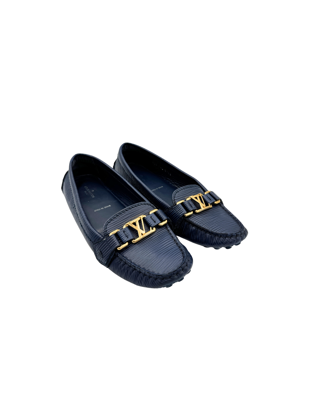 Size 38 Vintage LV Logo Flat Driving Loafer Moccasins in Blue Epi Leather