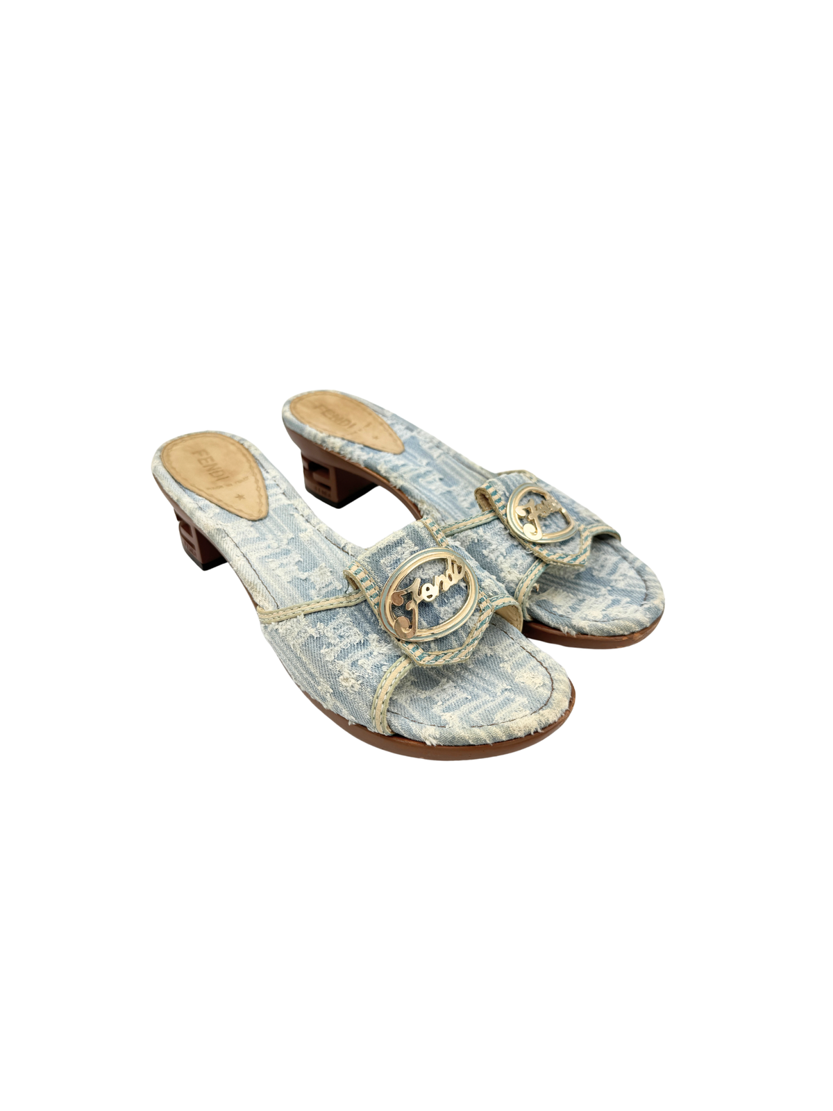 Size 38.5 Vintage Fendi Logo Frayed Denim Mule Sandals in Blue Denim