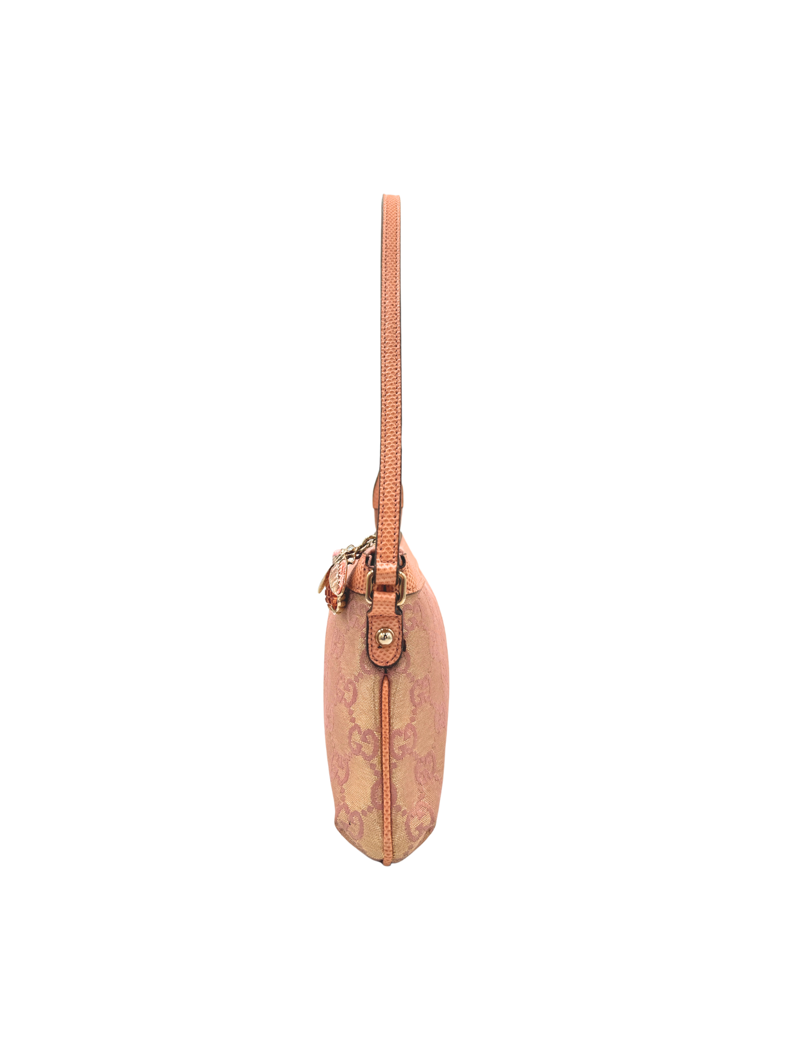 Iridescent GG Monogram Shoulder Bag Pochette with Bumble Bee Charm in Pink Canvas with Lizard Embossed Trim