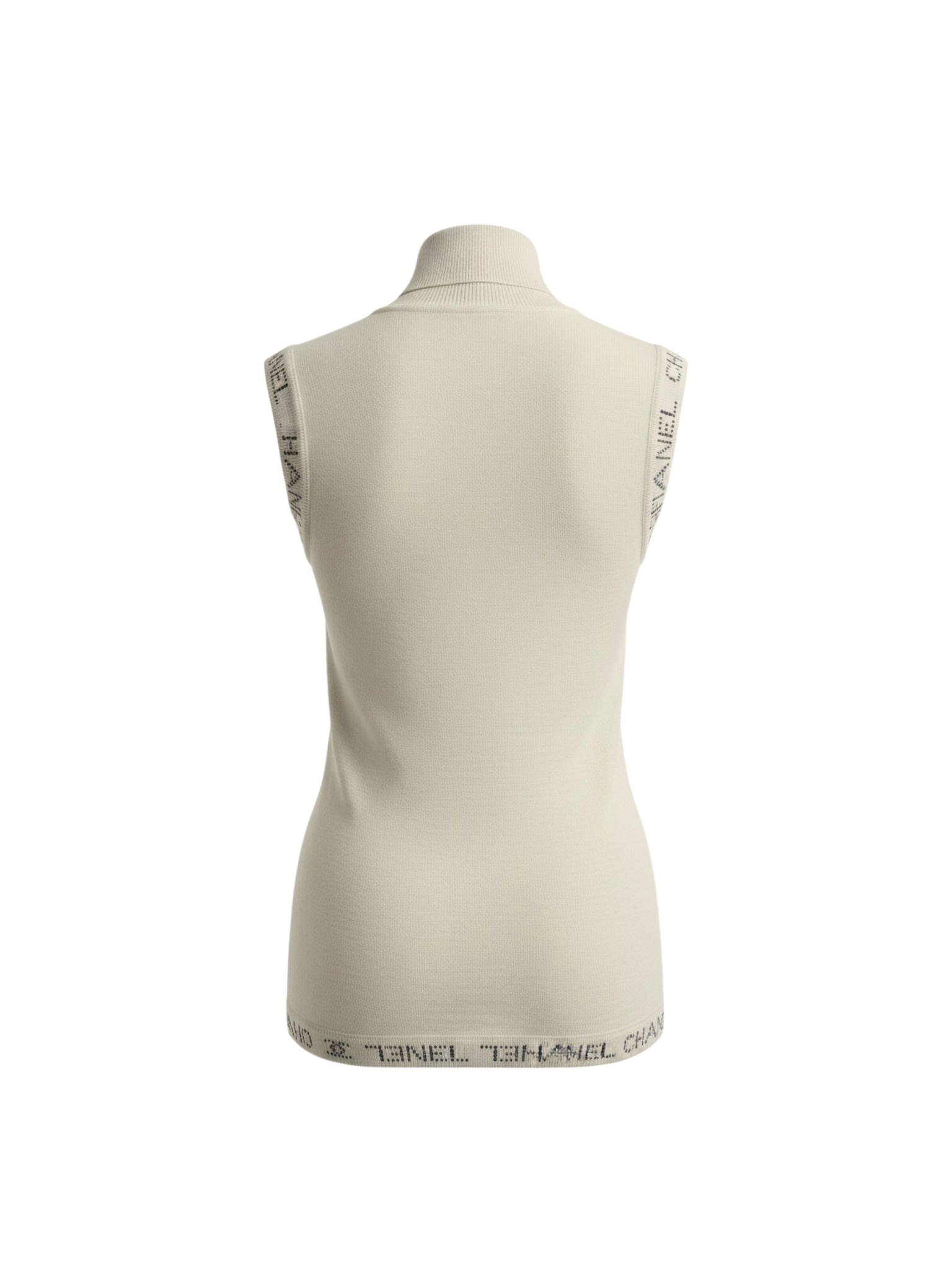 Size FR 38 Sleeveless Argyle Turtleneck with Chanel Logo Trim in Ivory Cashmere