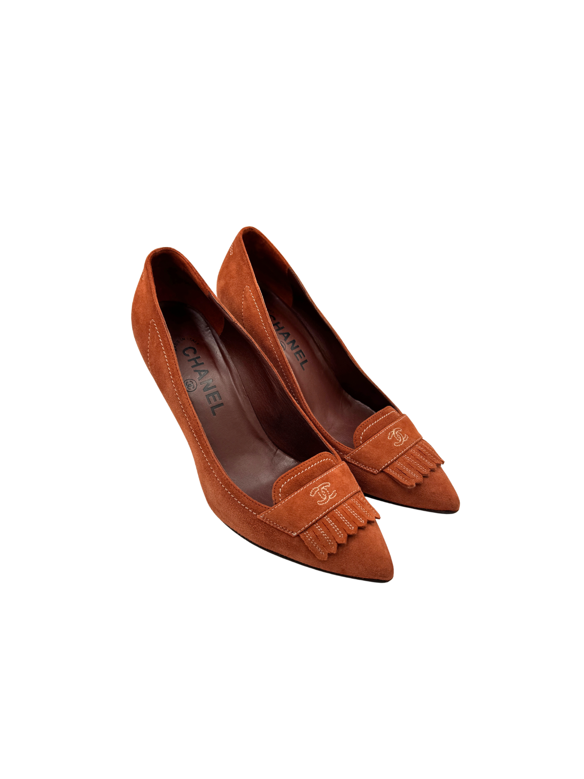 Size 37.5 Vintage Karl Lagerfeld Era CC Pointed Toe Pumps with Fringe in Burnt Orange Suede