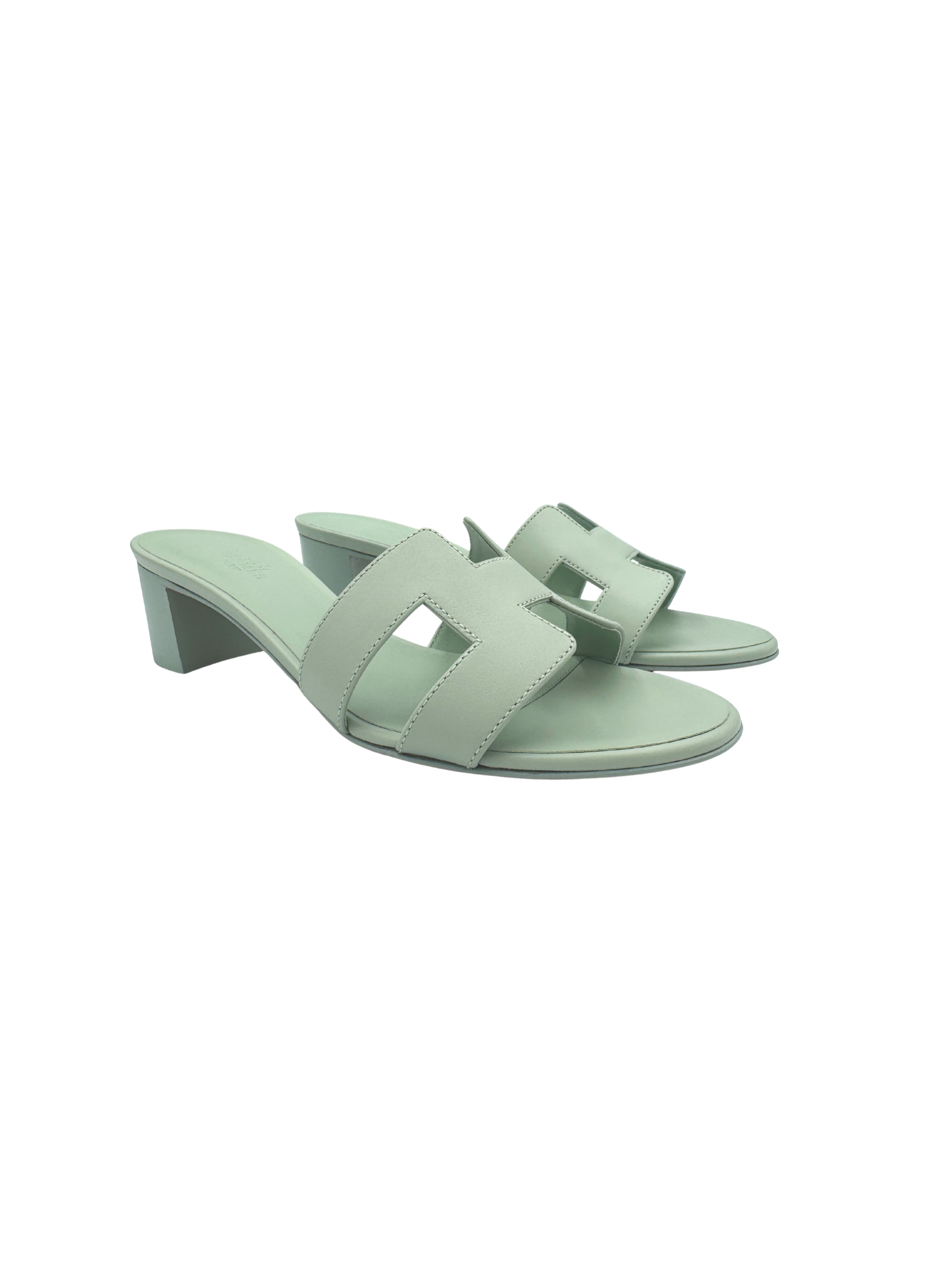 Size 37.5 Hermes Oasis Sandals in Vert D'Eau Smooth Calfskin Leather