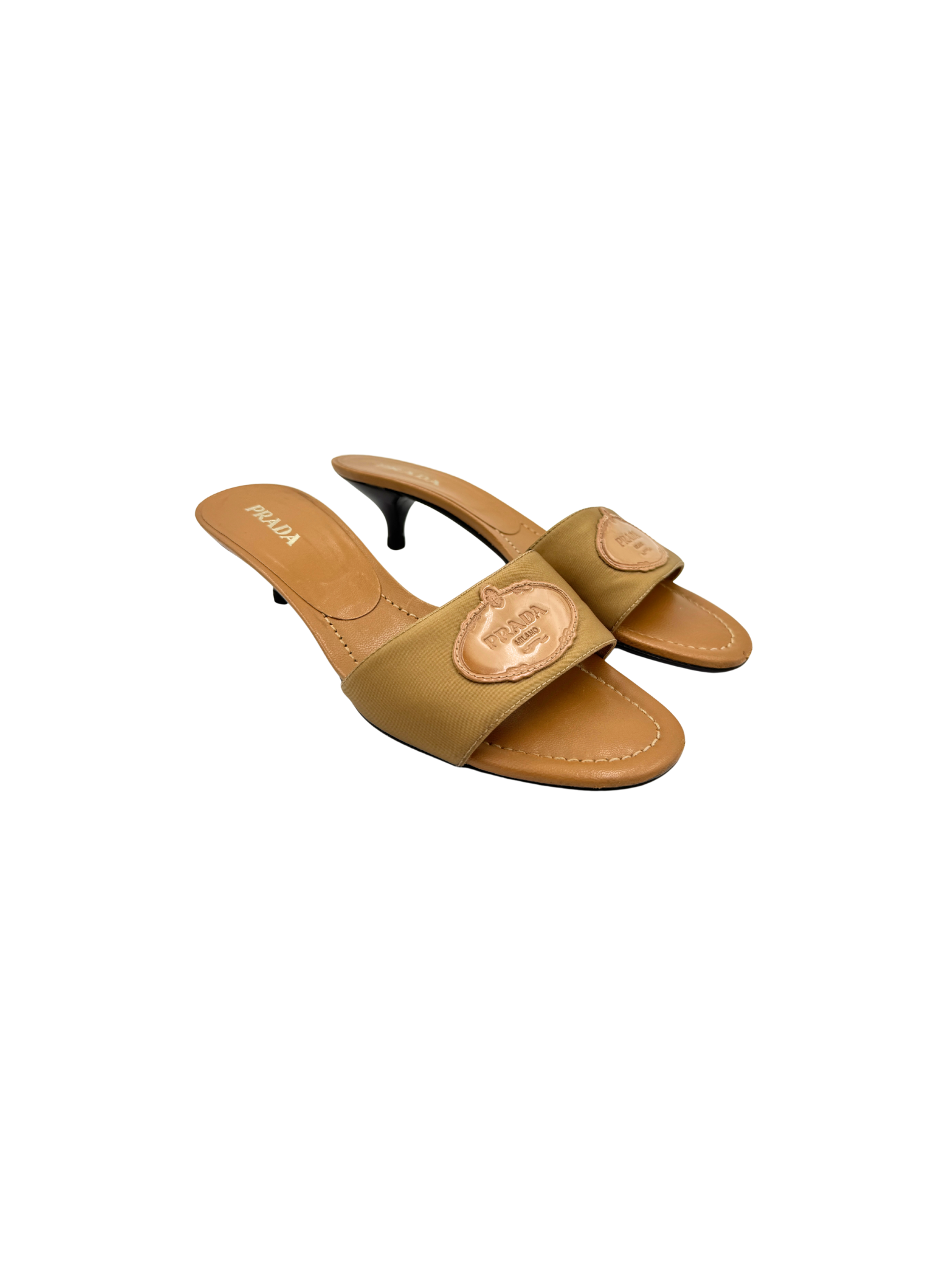 Size 39 Logo Slip-on Mule Kitten Heel Sandals in Tan Leather & Satin