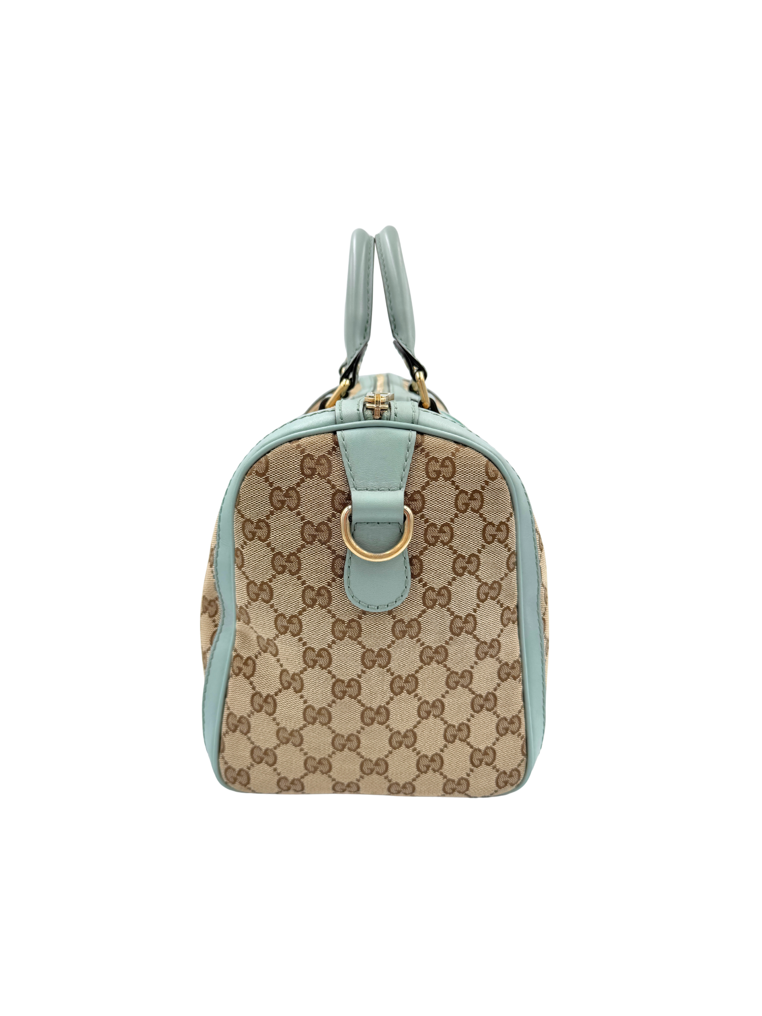 Striped GG Boston Bag with Top Handle in Brown and Tan Monogram GG Supreme Canvas with Blue and Green Accents
