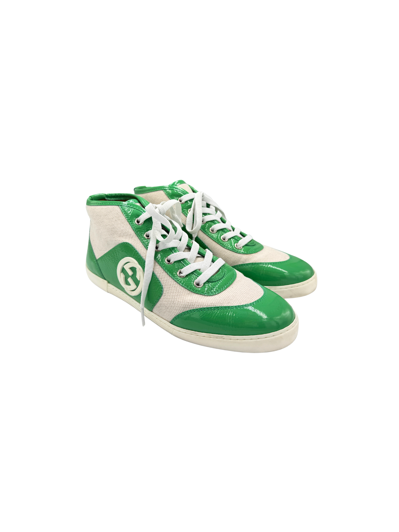 Size 37.5 GG Lace-Up High-Top Sneakers in Ivory Canvas with Green Leather Accents