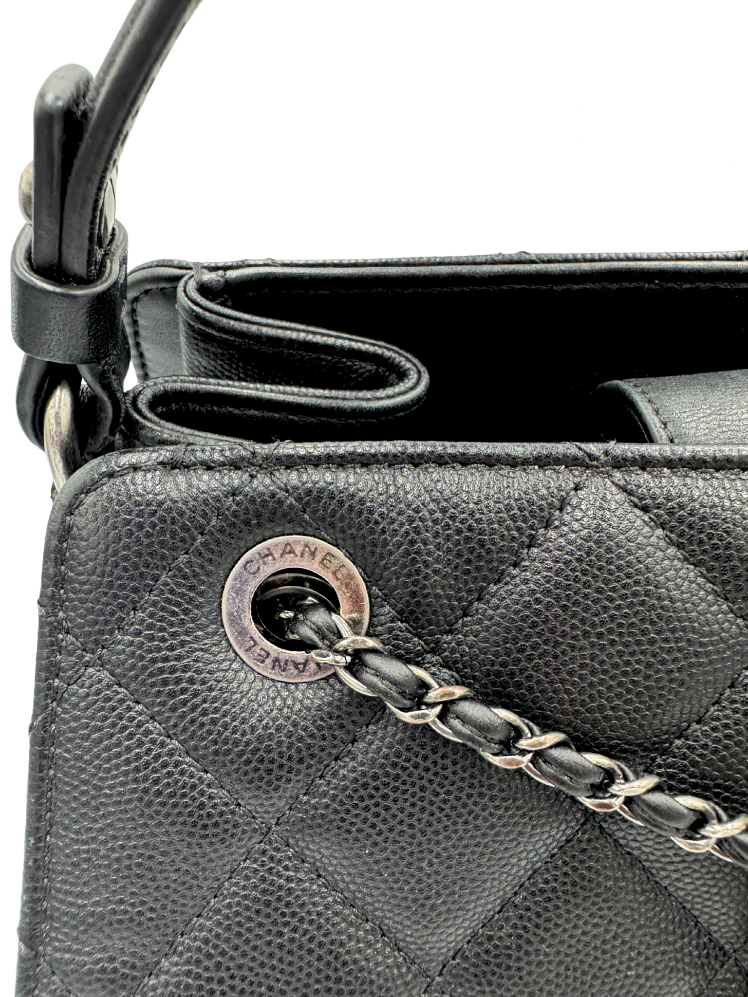 Medium Accordion Top Handle CC Bucket Bag in Black Caviar Leather