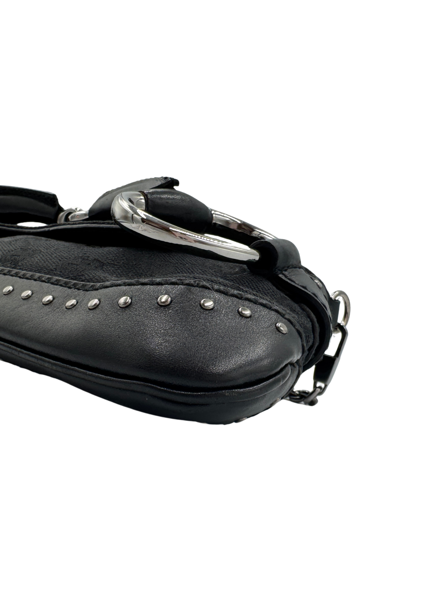 Vintage Tom Ford Era Studded Horsebit Shoulder Bag in Black Monogram GG Supreme Canvas