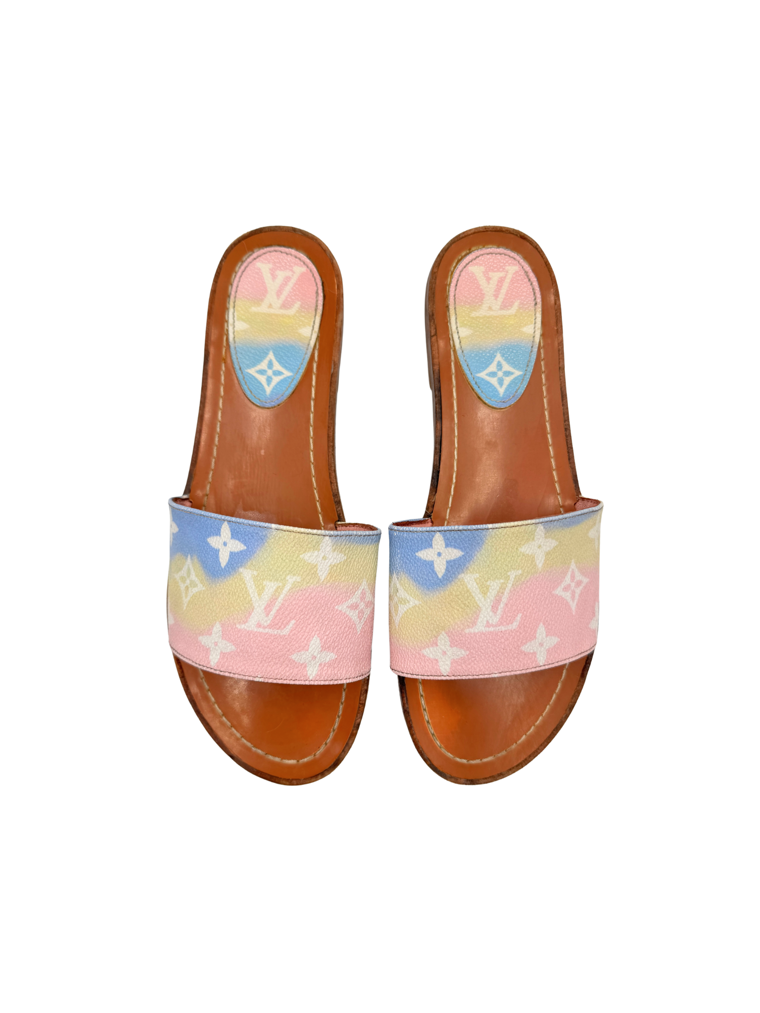 Size 38 Special Edition Monogram Escale Lock It Flat Mule Slide Sandals in Pastel Multicolor Coated Canvas