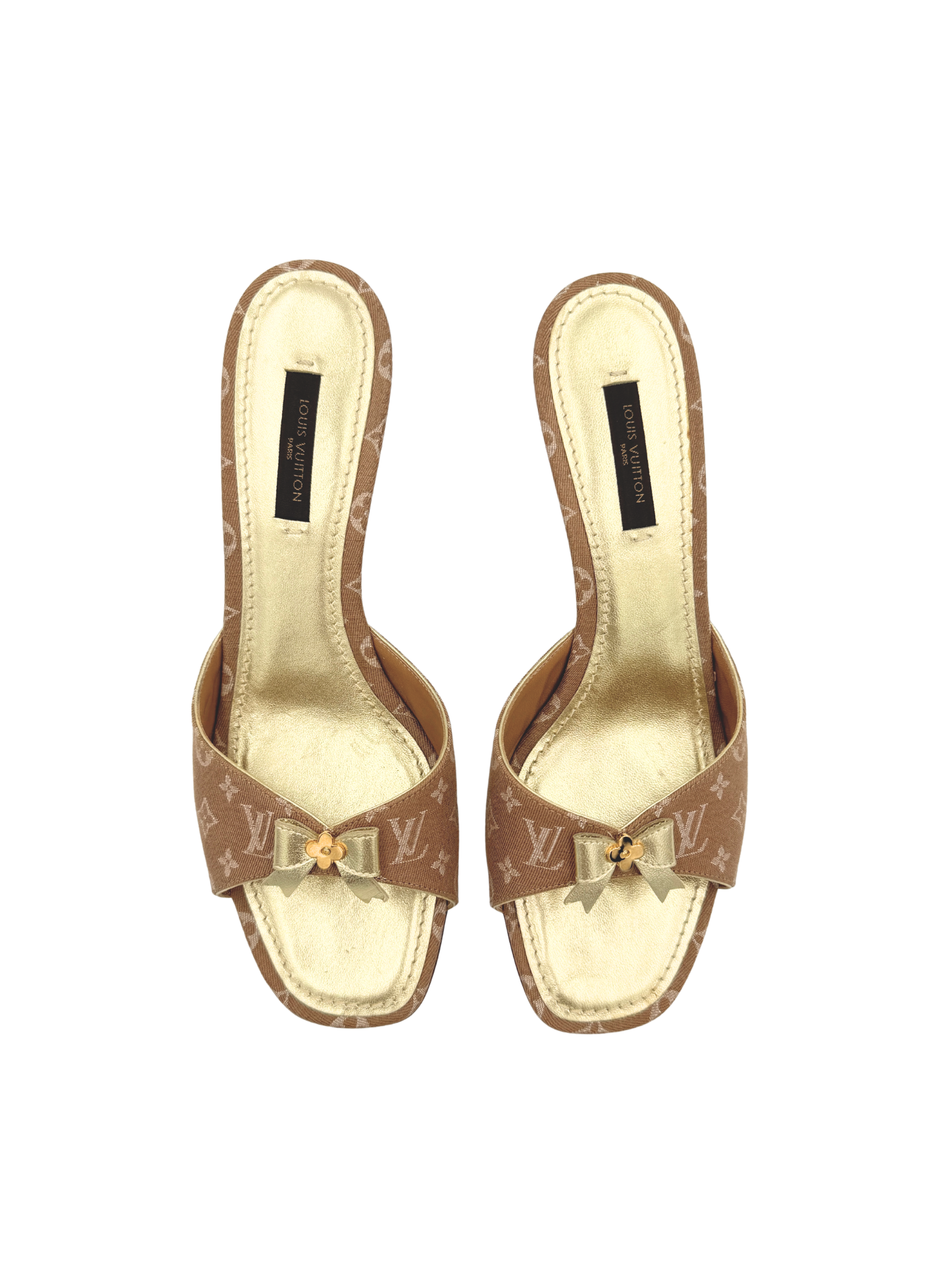 Size 37.5 Vintage Logo Slip-On Mule Sandals with Bow Charm in Blush Nude Monogram Canvas