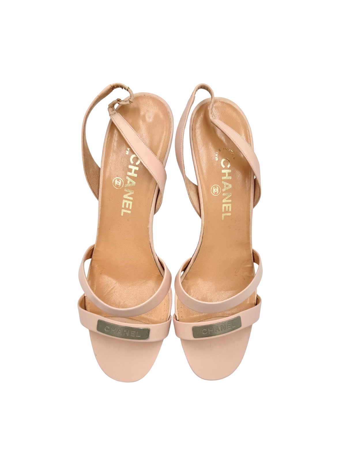 Size 40 Vintage Karl Lagerfeld Era Logo Plate Strappy Slingback Sandals in Blush Nude Leather