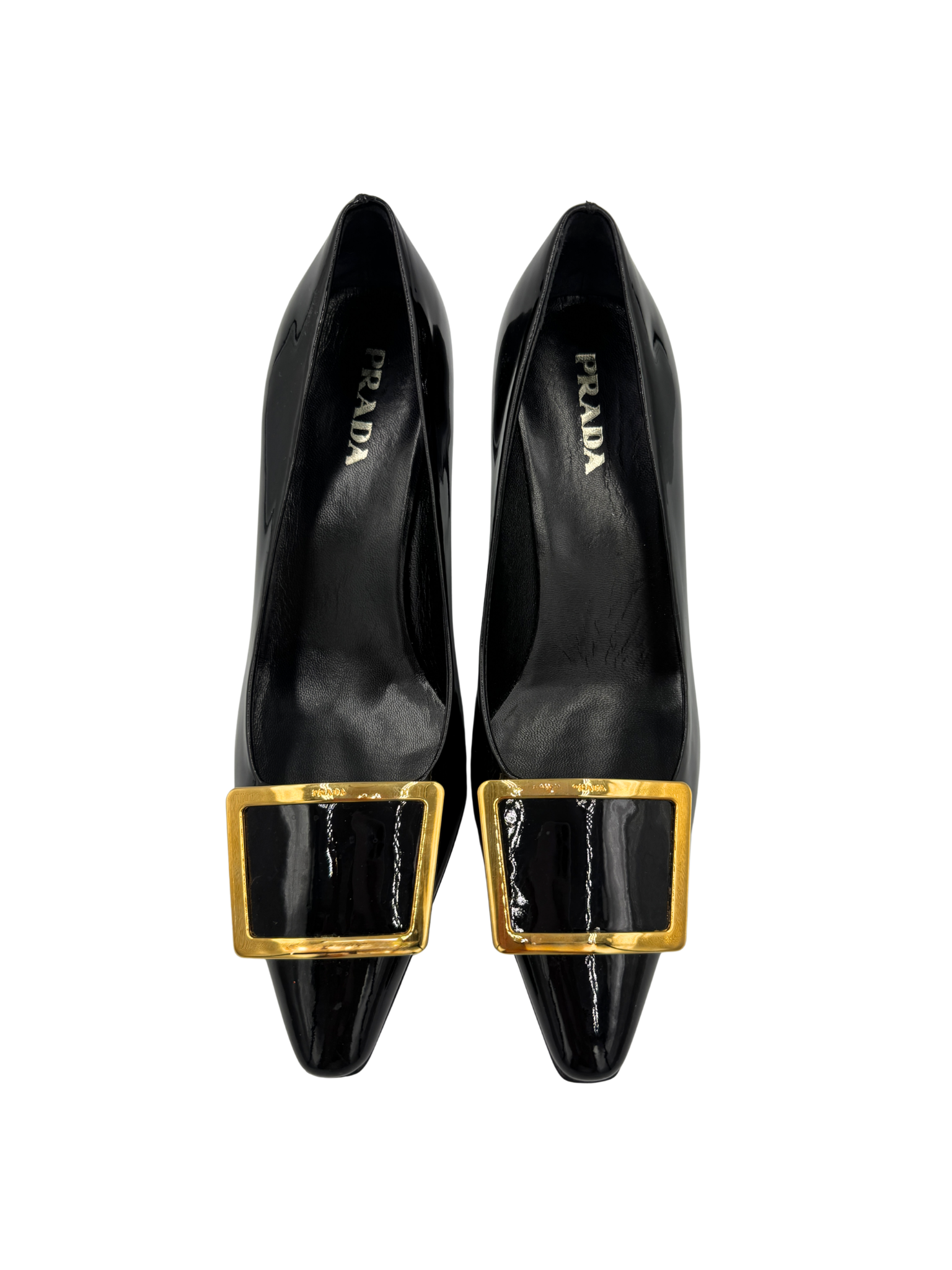 Size 36.5 Pointed Toe Pumps with Square Buckle in Black Leather