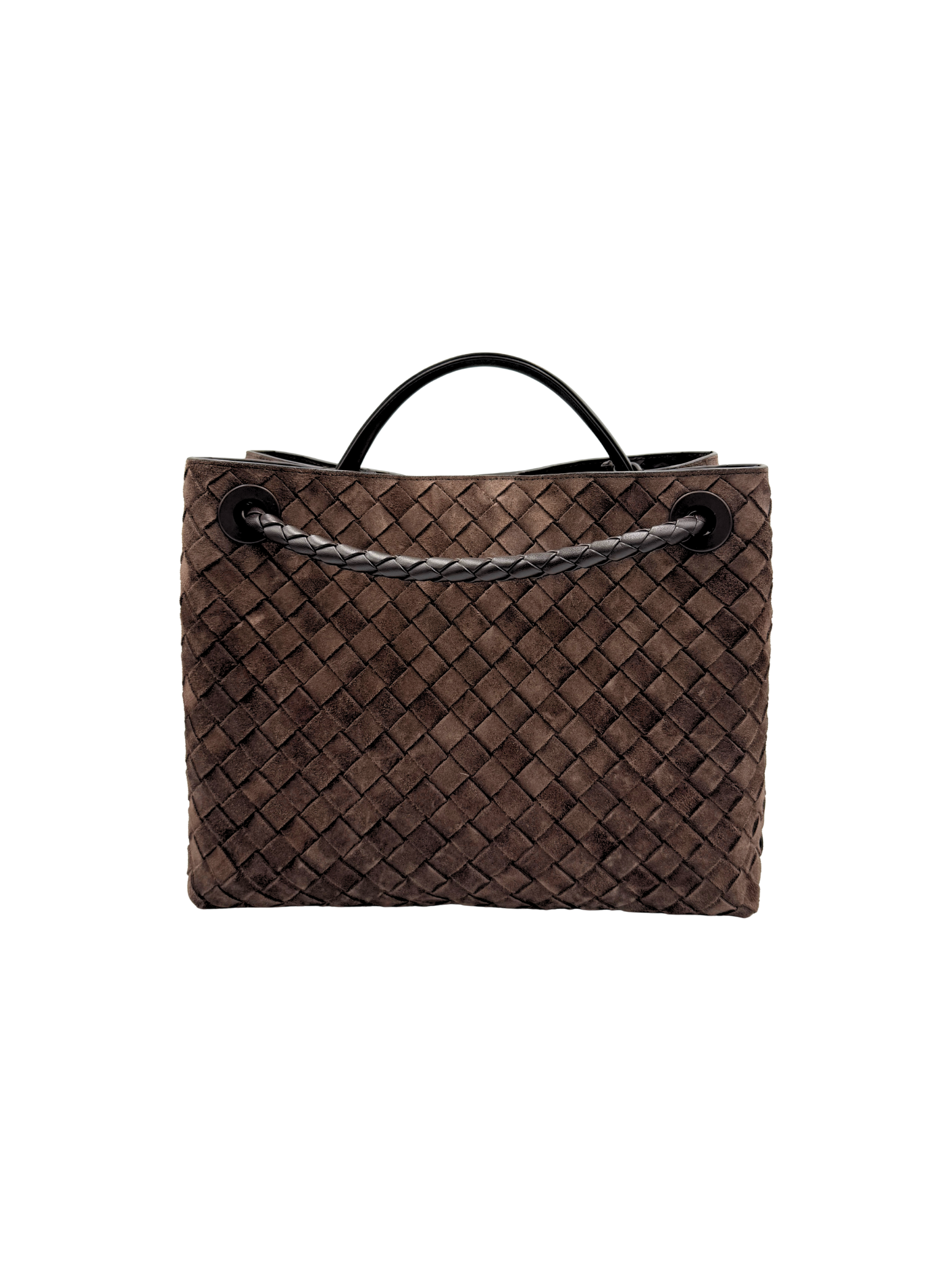 Medium Andiamo Shoulder Bag with Top Handle in Fondant Brown Intrecciato Suede
