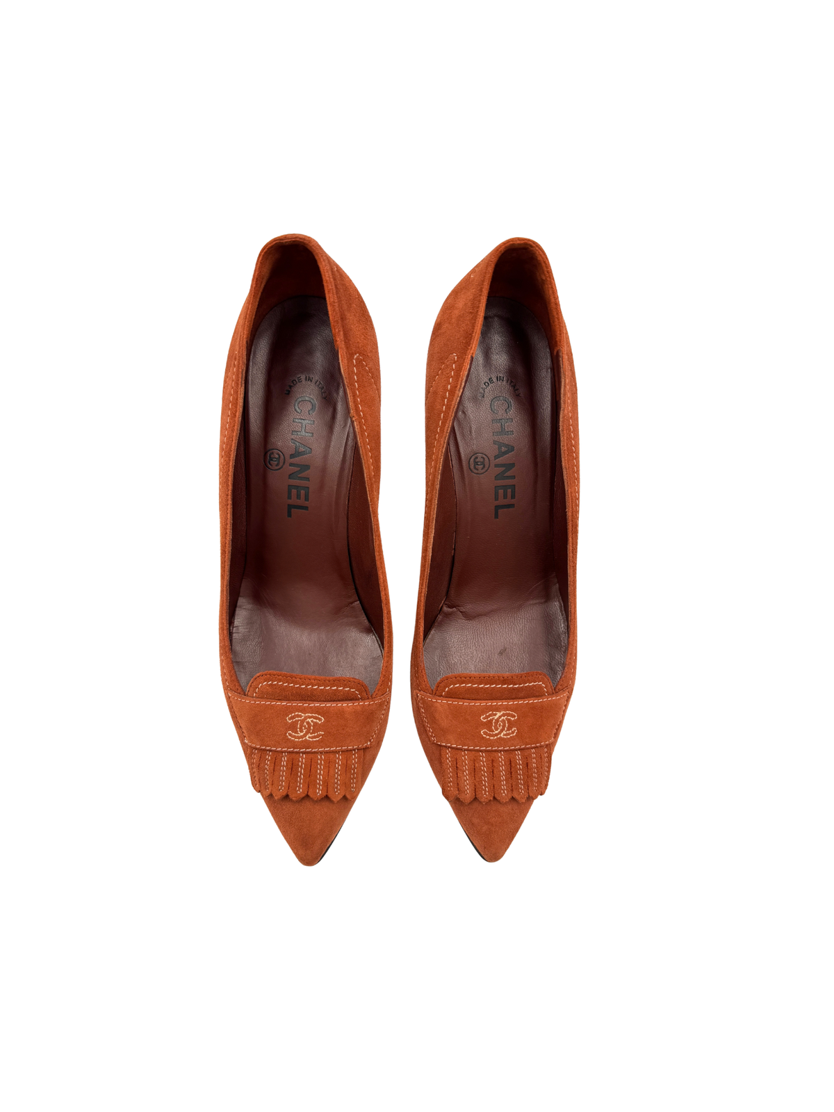 Size 37.5 Vintage Karl Lagerfeld Era CC Pointed Toe Pumps with Fringe in Burnt Orange Suede