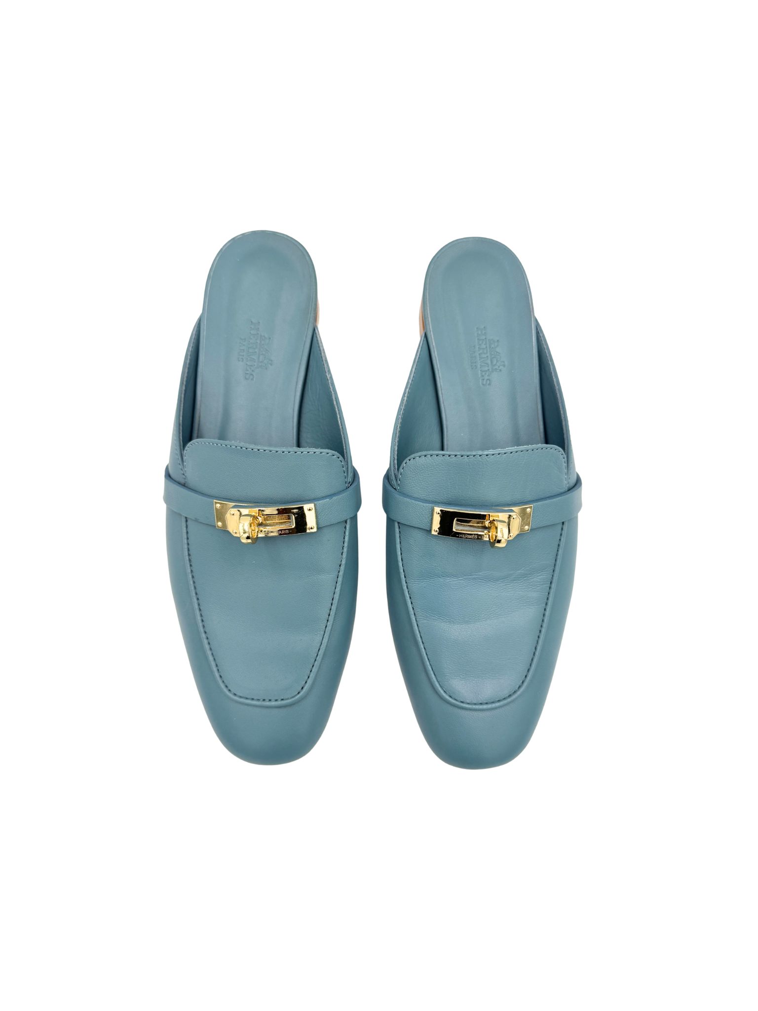 Size 37 Oz Mules with Kelly Buckle in Blue Calfskin Leather