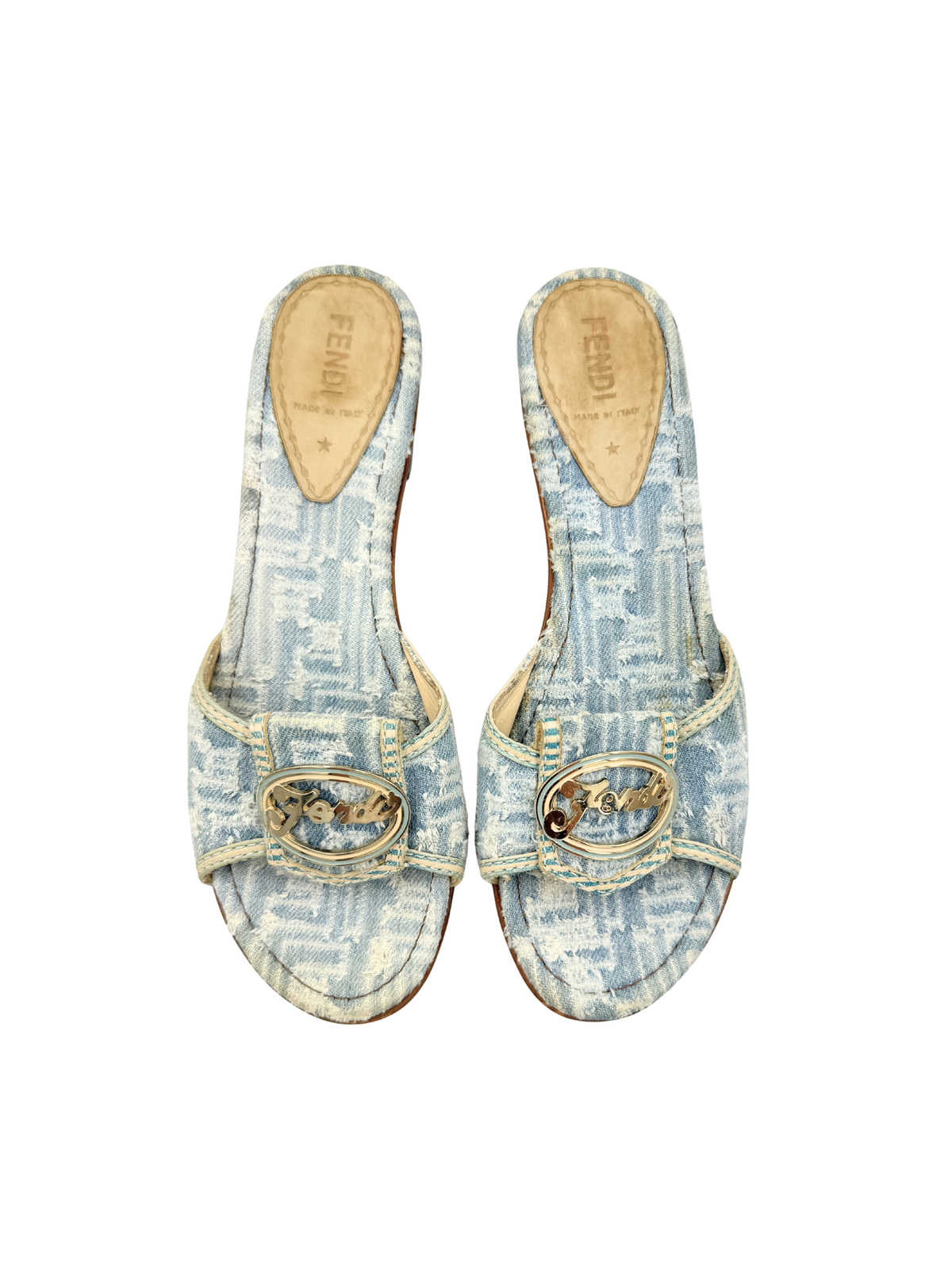 Size 38.5 Vintage Fendi Logo Frayed Denim Mule Sandals in Blue Denim