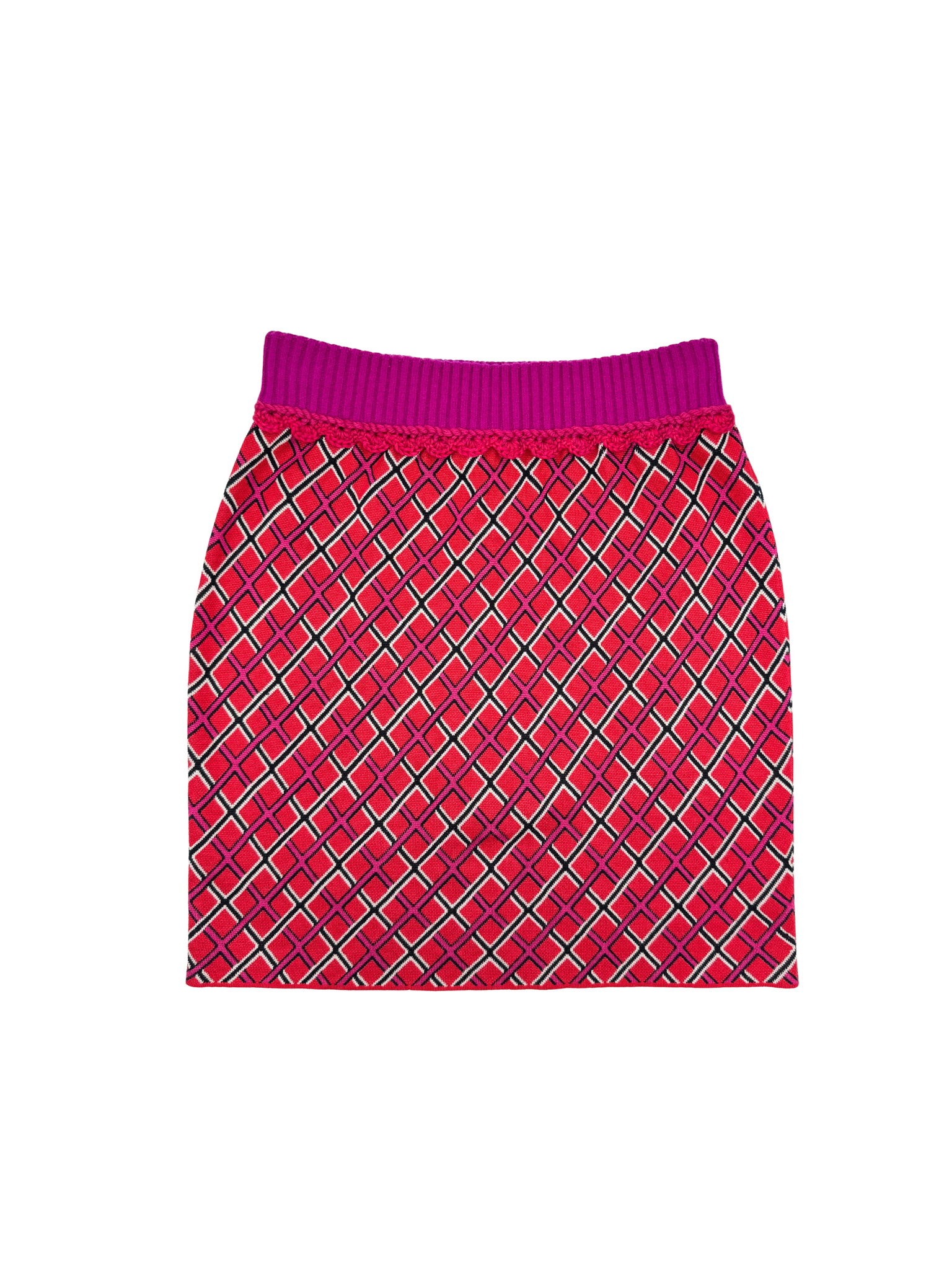 Size XS / FR 34 2024 Knit Mini Skirt in Red & Pink Geometric Diamond Print