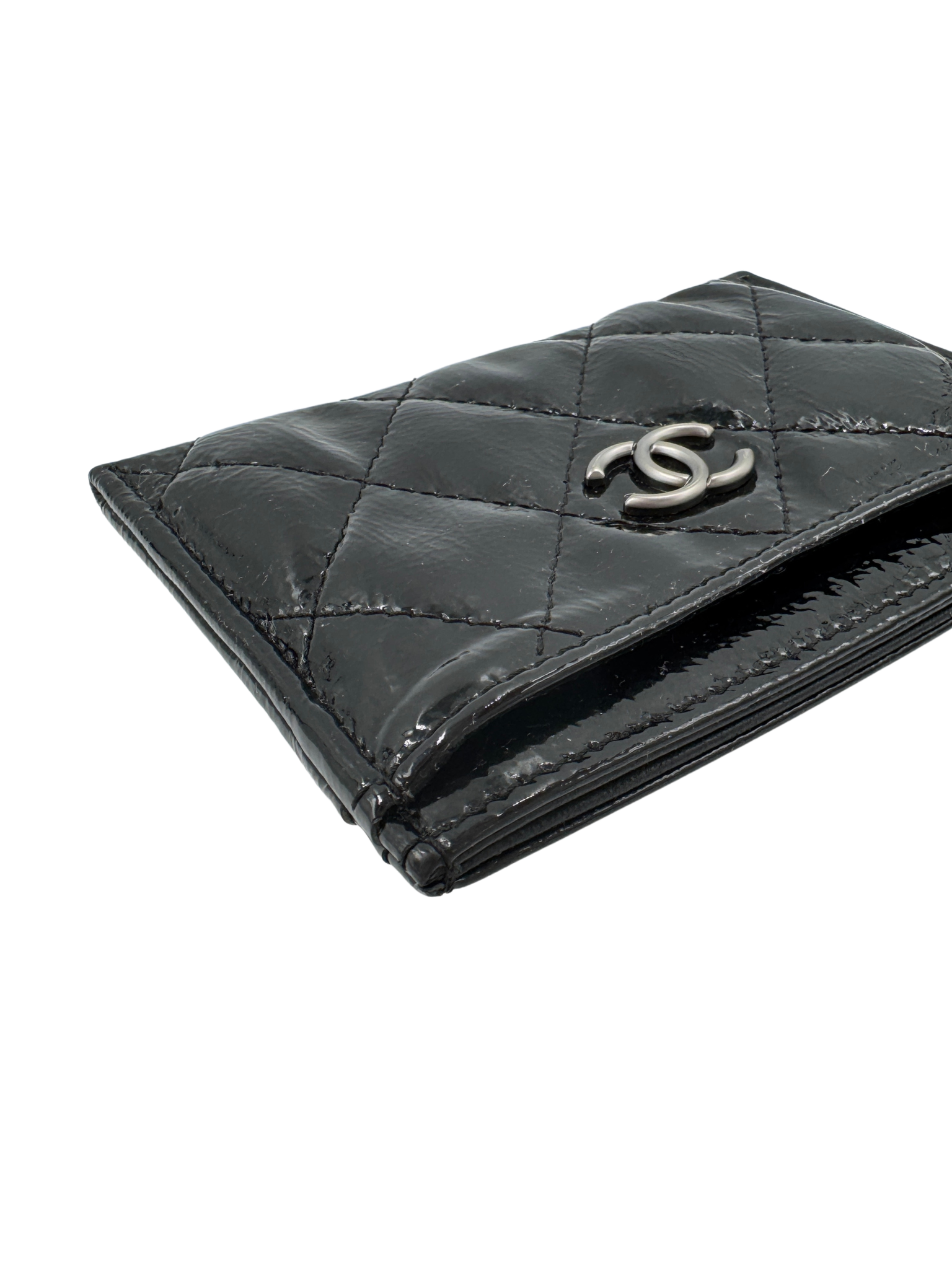 Classic Quilted CC Card Holder Wallet in Black Patent Leather