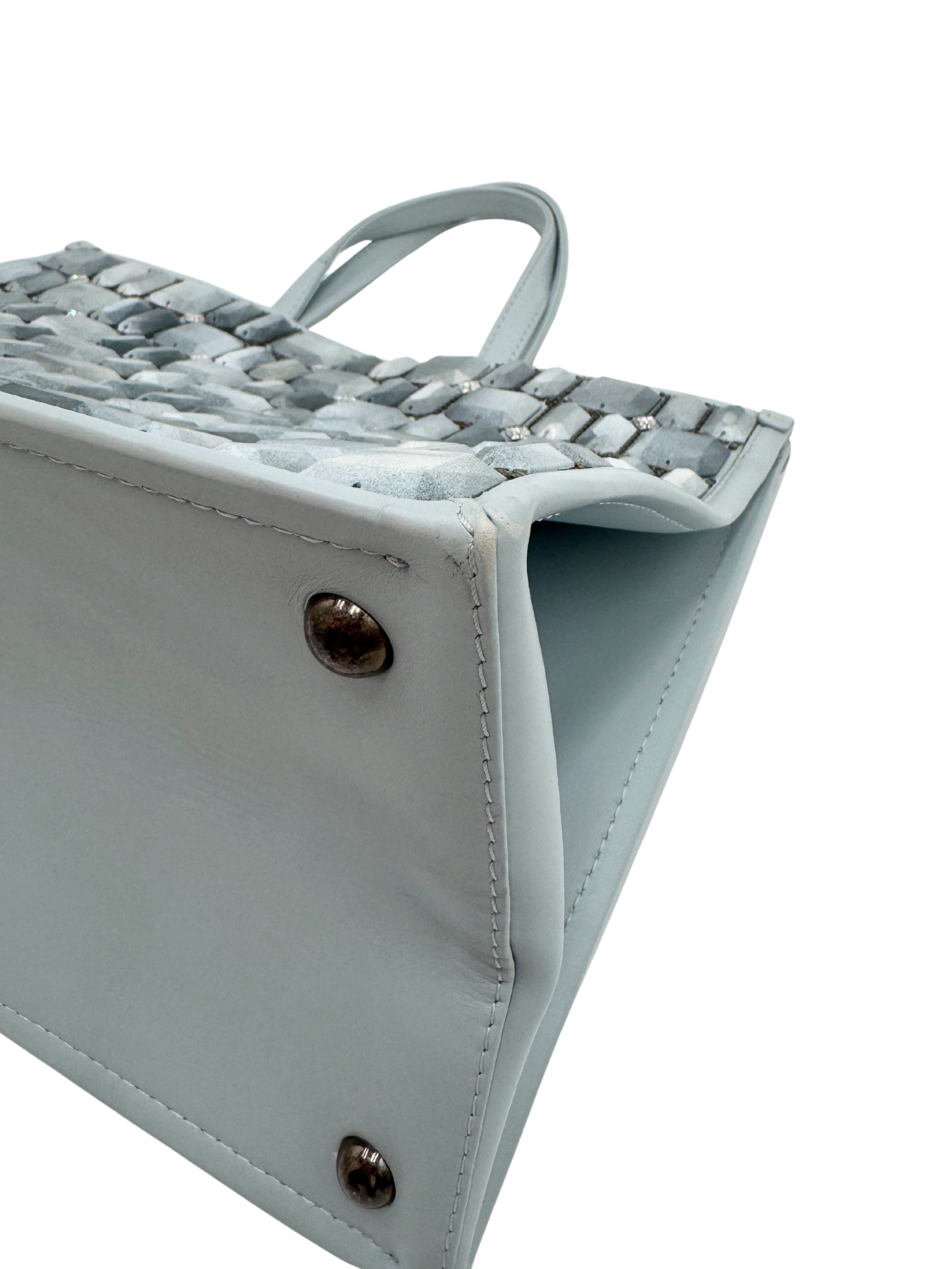 Embellished Watercolor Runway Shopping Tote Bag in Pale Blue Calfskin Leather