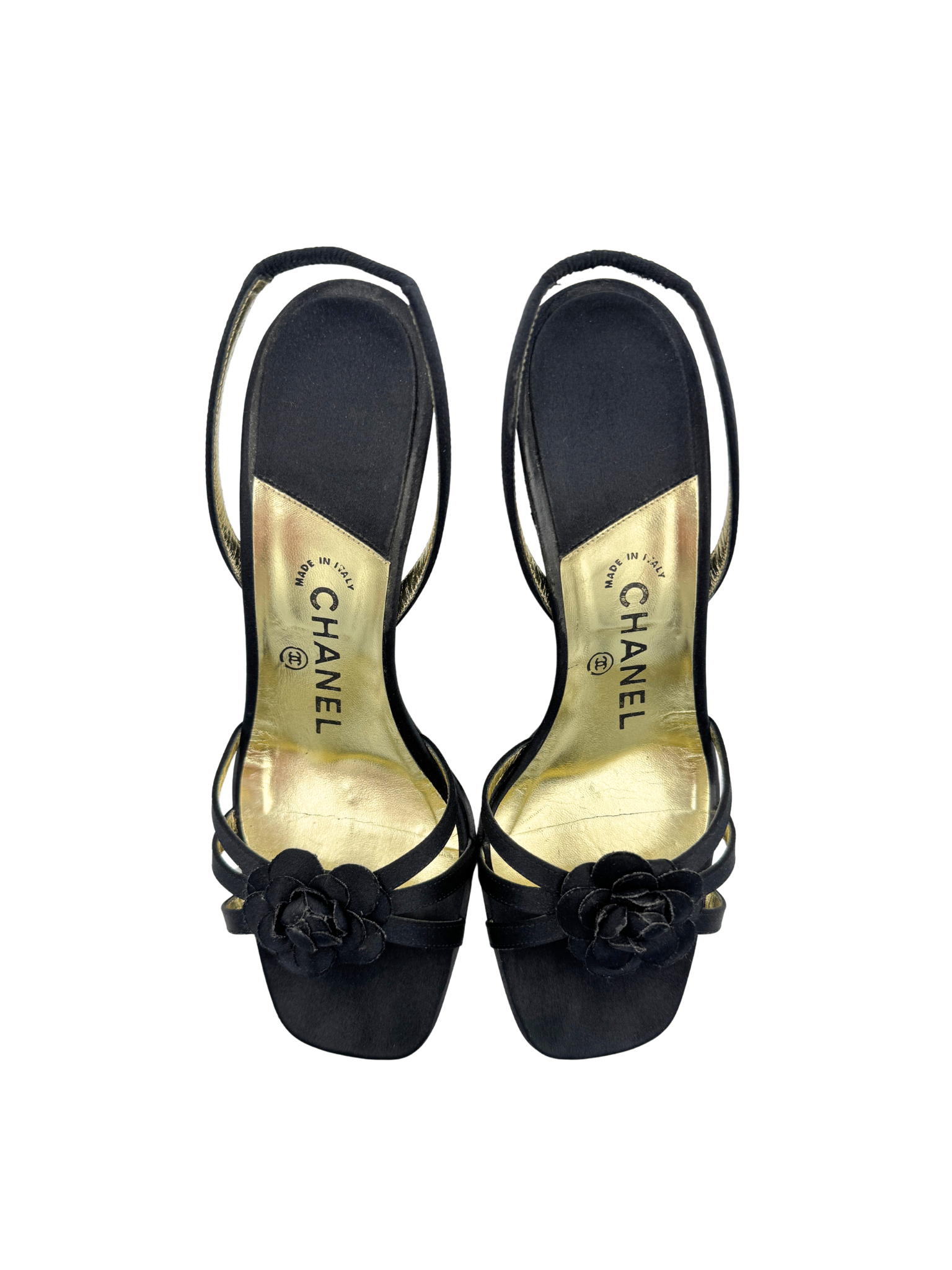 Size 38.5 Vintage Karl Lagerfeld Era Camellia Strappy Square Toe Sandals in Black Fabric